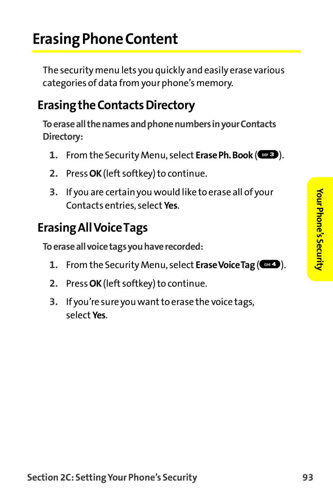 Sanyo MM-9000 manual ErasingPhone Content, Erasing the Contacts Directory, Erasing All VoiceTags 