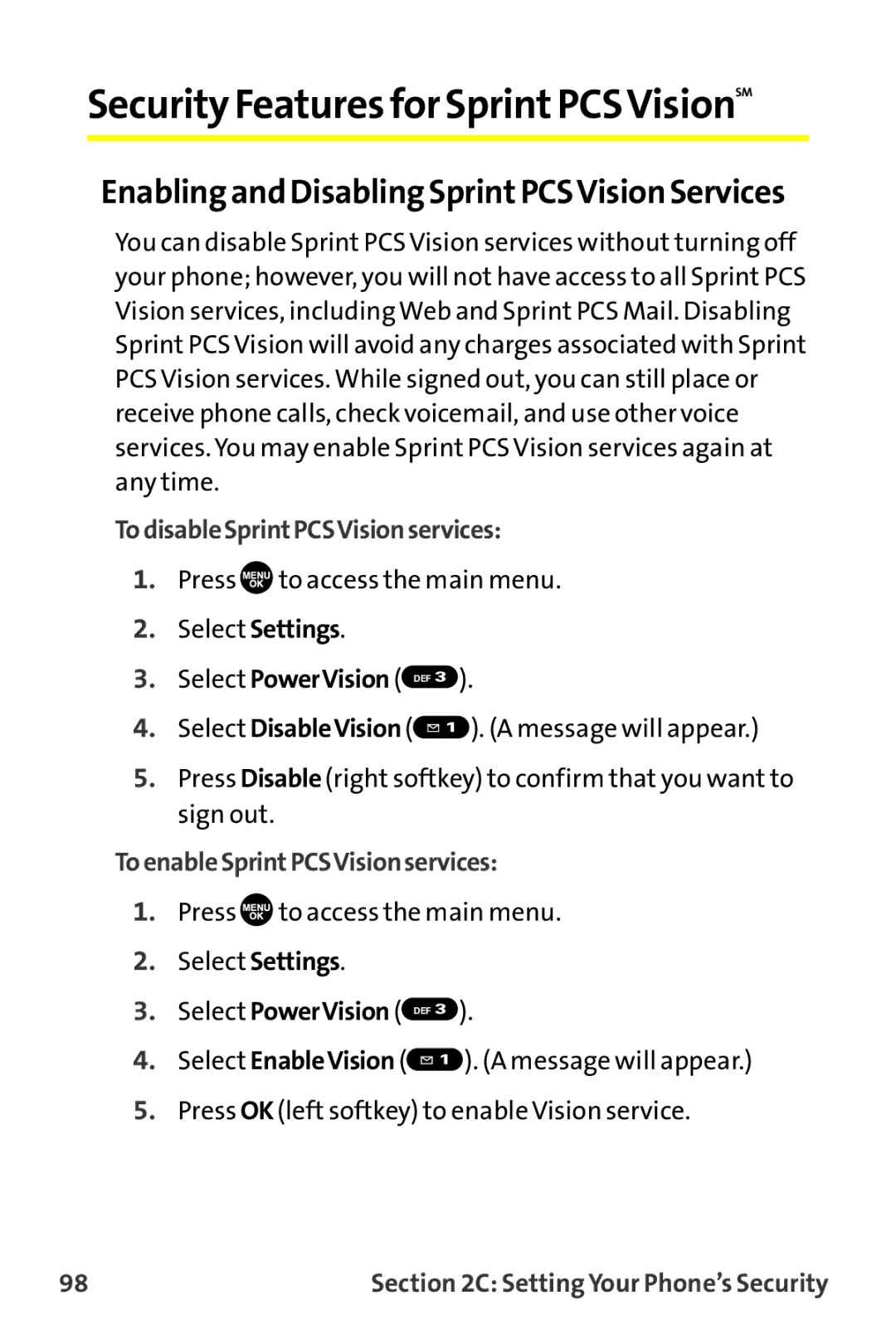 Sanyo MM-9000 manual Security Features for SprintPCSVisionSM, Enabling and Disabling SprintPCSVision Services 