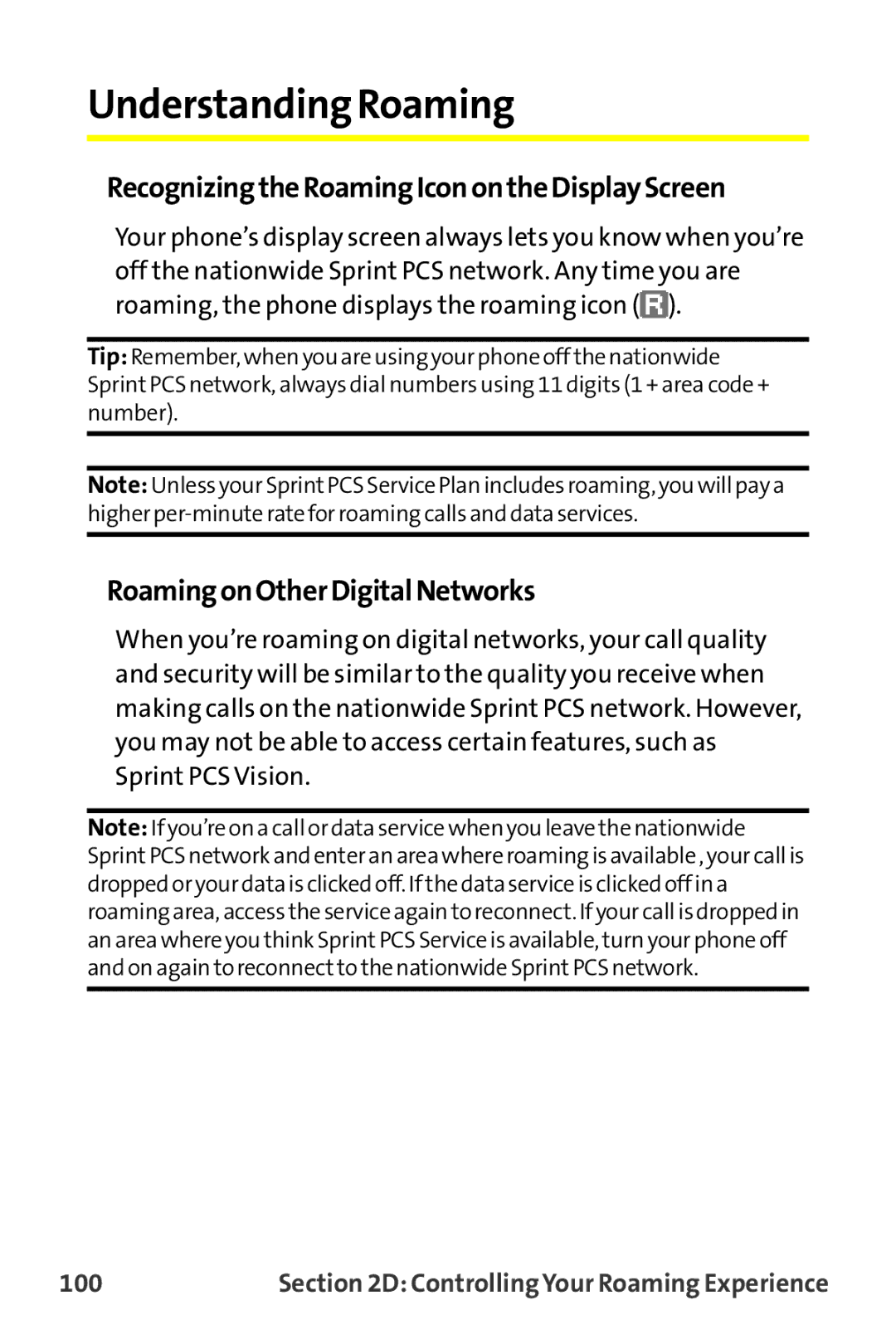 Sanyo MM-9000 manual Understanding Roaming, RecognizingtheRoamingIconontheDisplayScreen, RoamingonOtherDigitalNetworks, 100 