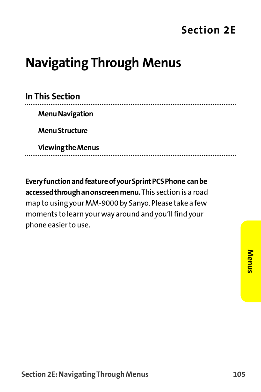 Sanyo MM-9000 manual Navigating Through Menus 105 