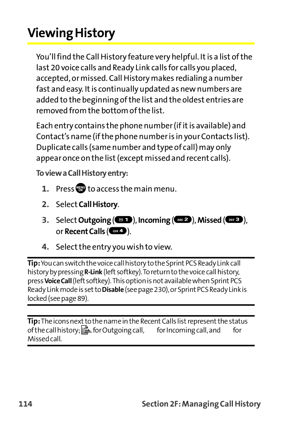 Sanyo MM-9000 manual ViewingHistory, ToviewaCallHistoryentry, 114 