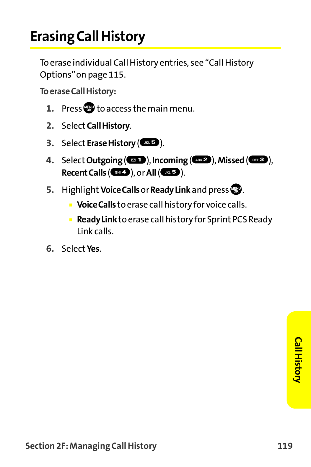 Sanyo MM-9000 manual ErasingCall History, ToeraseCallHistory, Managing Call History 119 