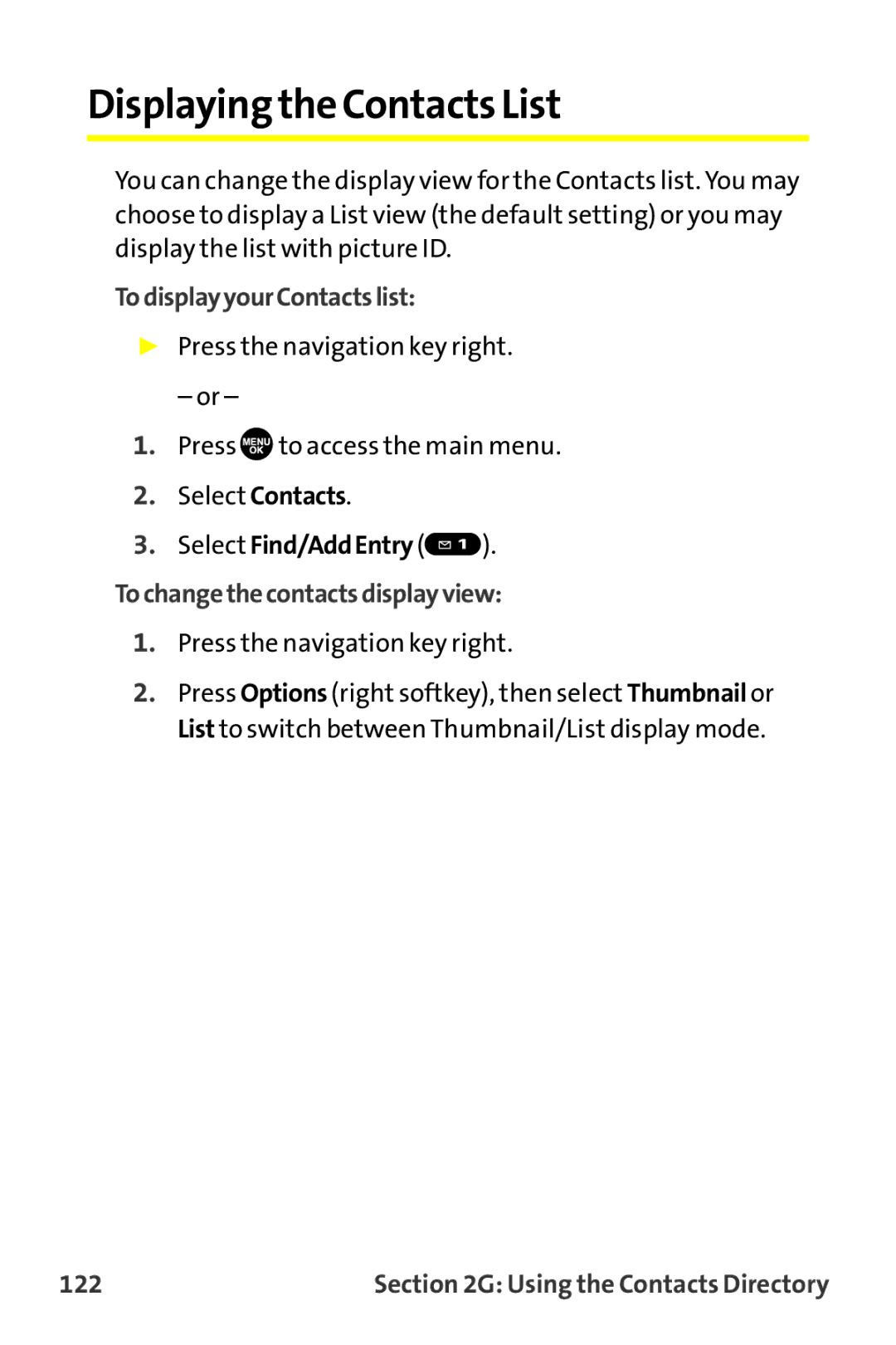 Sanyo MM-9000 manual Displayingthe Contacts List, TodisplayyourContactslist, Tochangethecontactsdisplayview, 122 