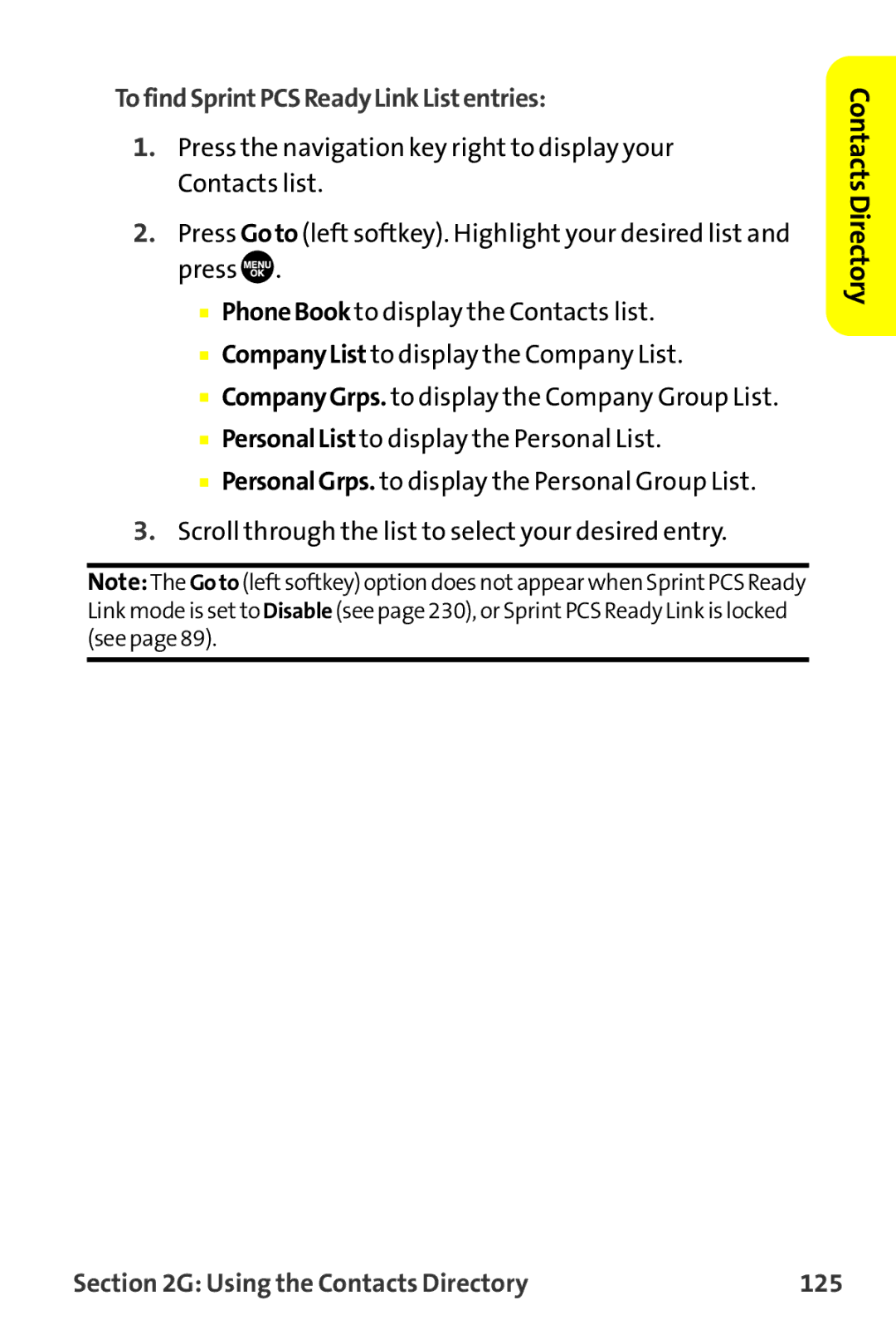 Sanyo MM-9000 manual TofindSprintPCSReadyLinkListentries, Using the Contacts Directory 125 