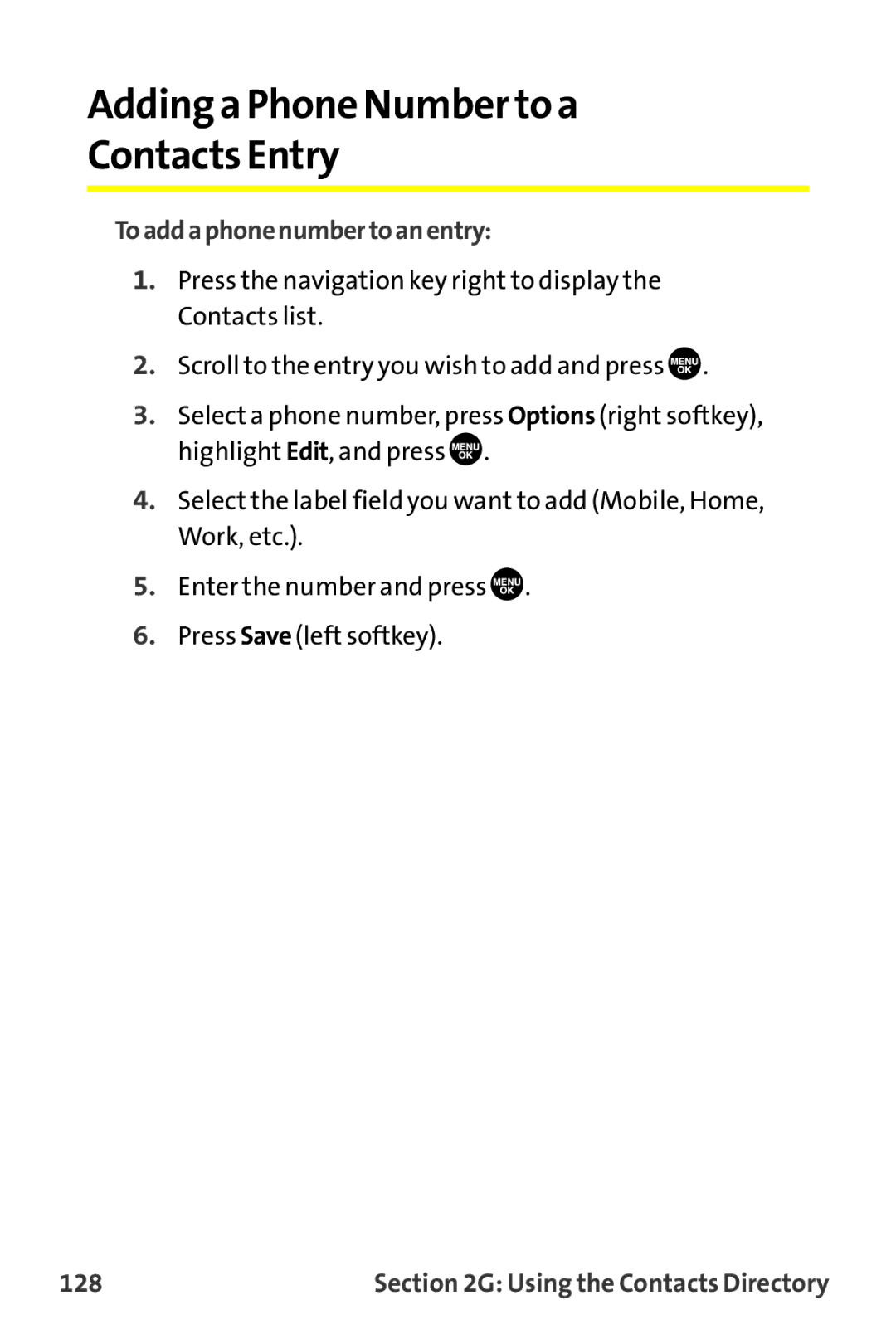 Sanyo MM-9000 manual Adding a Phone Number to a Contacts Entry, Toaddaphonenumbertoanentry, 128 