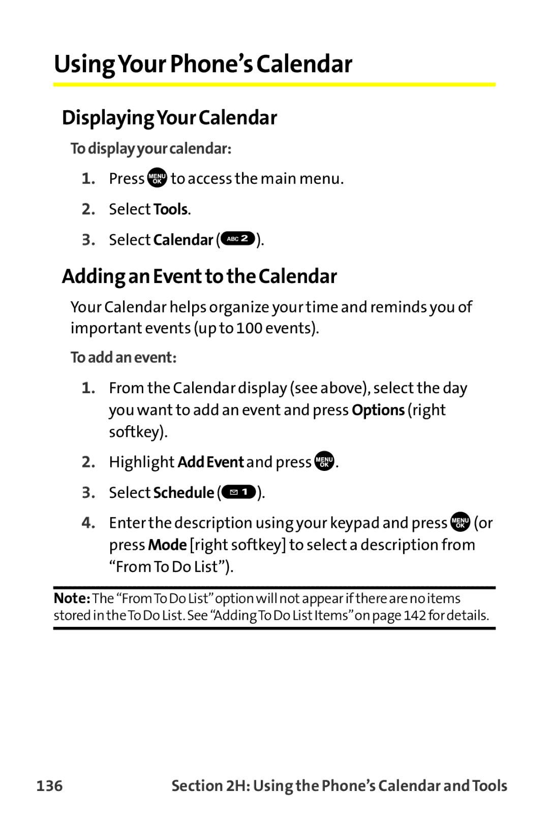 Sanyo MM-9000 manual UsingYour Phone’s Calendar, DisplayingYour Calendar, Adding an Eventto the Calendar 