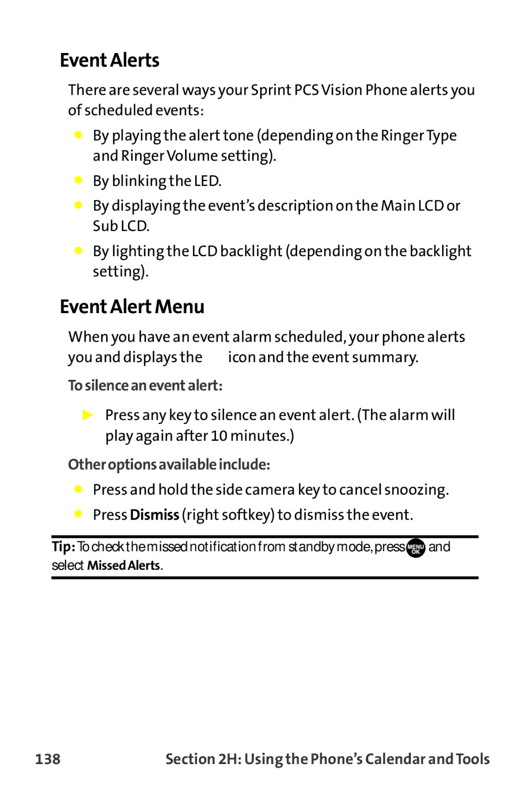 Sanyo MM-9000 manual Event Alerts, Event Alert Menu, Tosilenceaneventalert, Otheroptionsavailableinclude, 138 