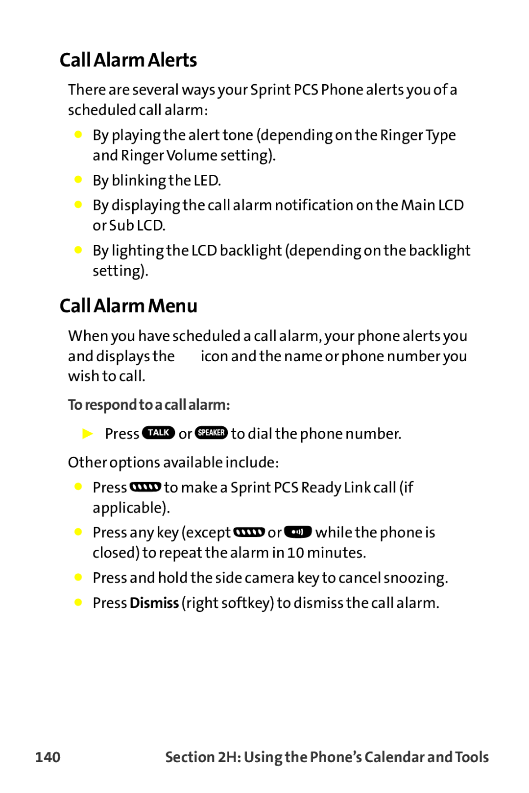 Sanyo MM-9000 manual Call Alarm Alerts, Call Alarm Menu, Torespondtoacallalarm, 140 