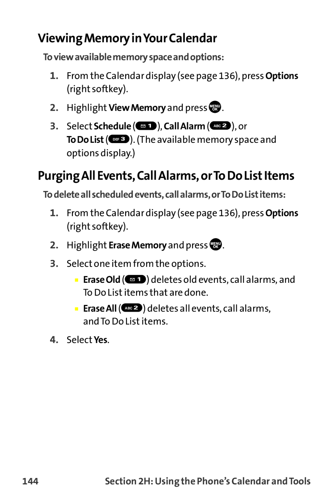 Sanyo MM-9000 manual Viewing Memory inYour Calendar, Purging All Events, Call Alarms, orTo Do ListItems, 144 