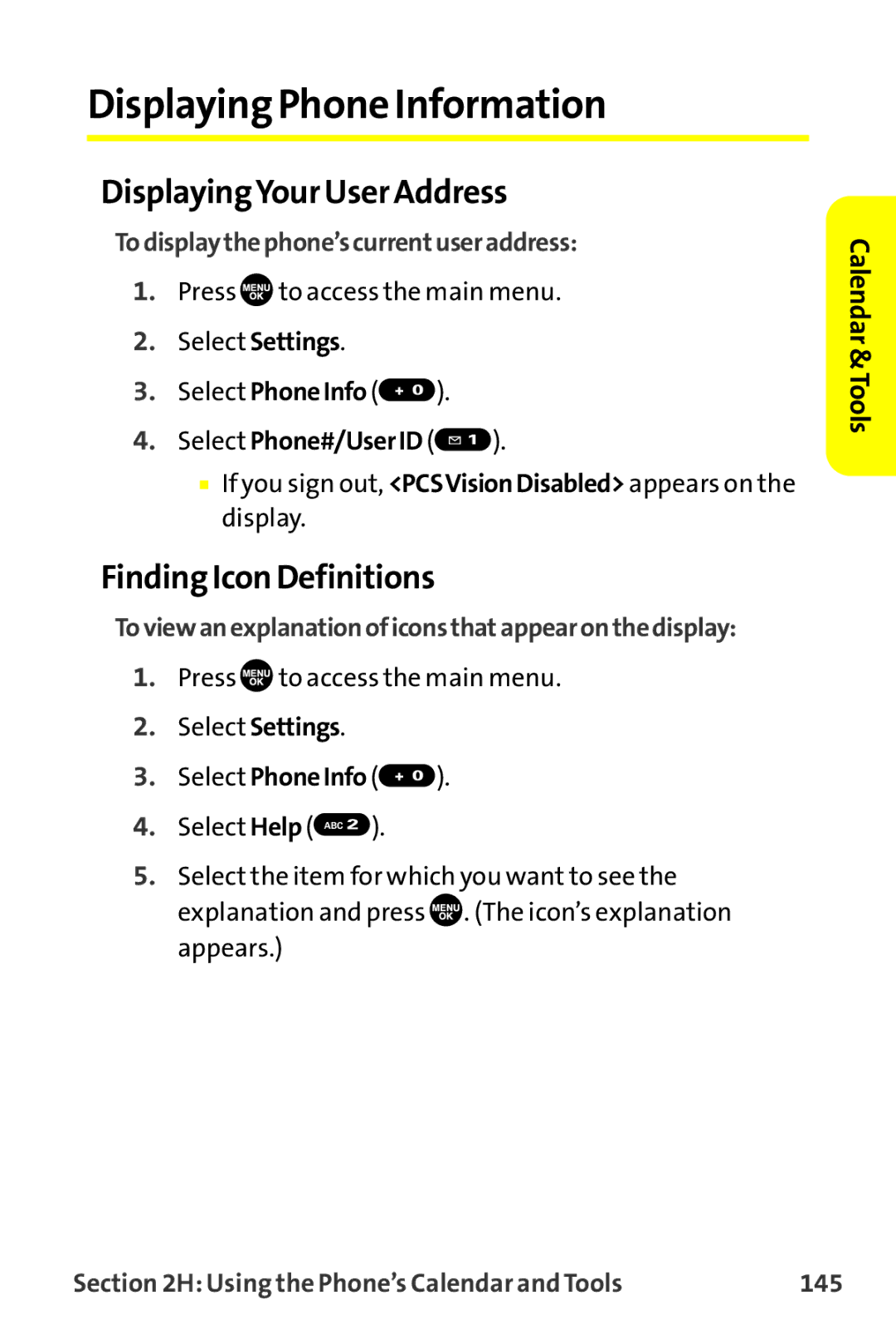 Sanyo MM-9000 manual Displaying Phone Information, DisplayingYour User Address, Finding Icon Definitions 