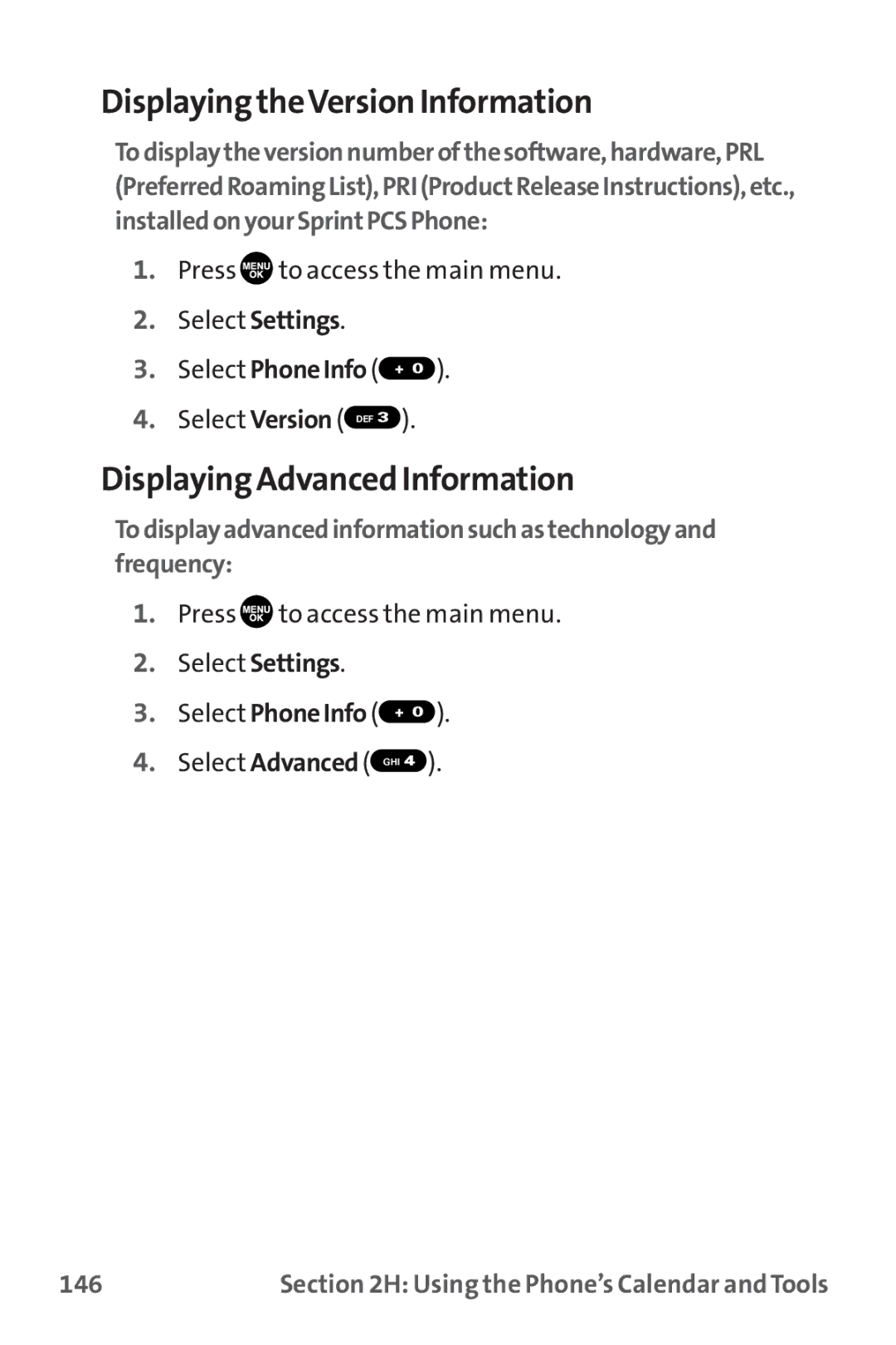 Sanyo MM-9000 manual Displaying theVersion Information, Displaying Advanced Information, 146 