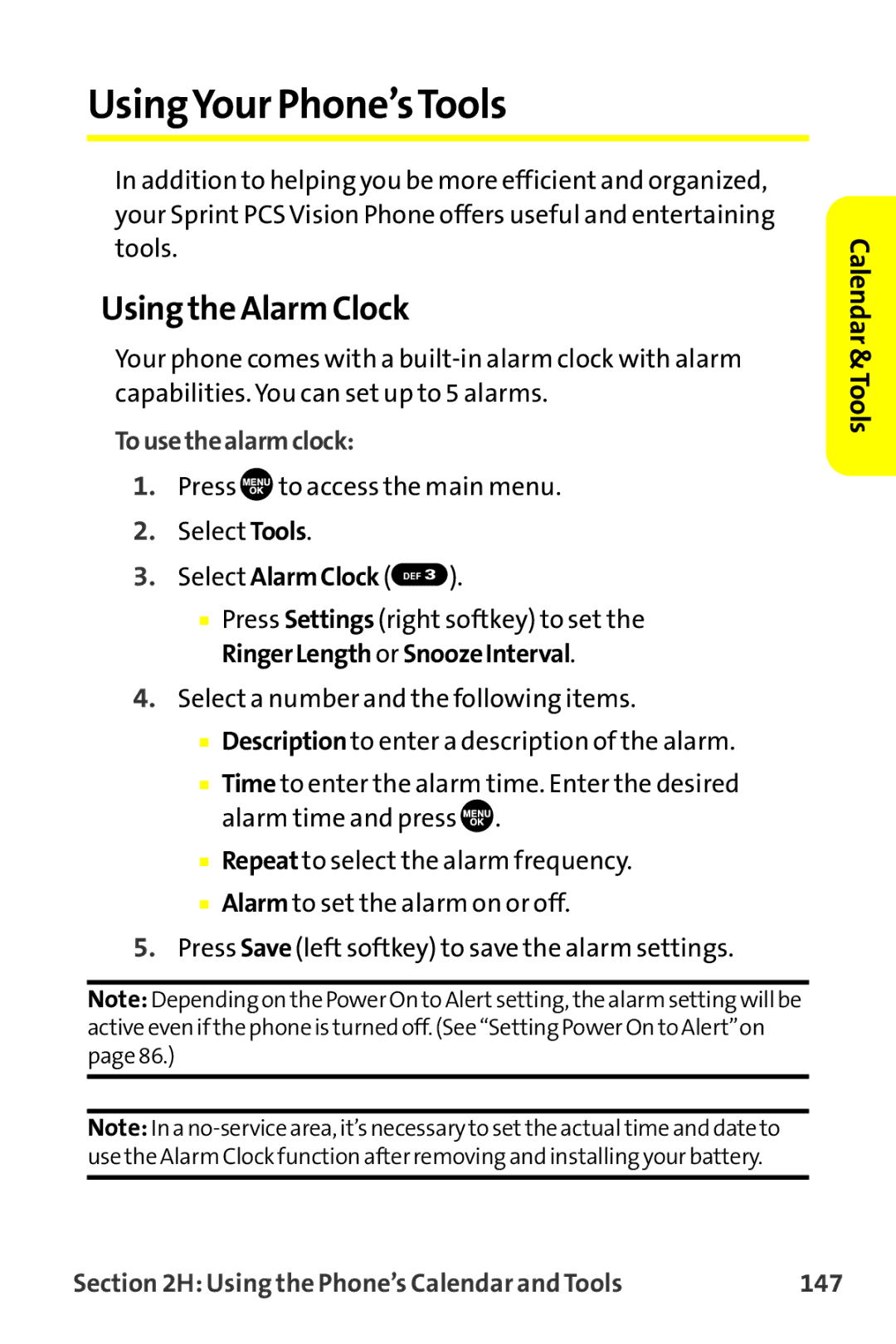 Sanyo MM-9000 UsingYour Phone’sTools, Using the Alarm Clock, Tousethealarmclock, Using the Phone’s Calendar and Tools 147 