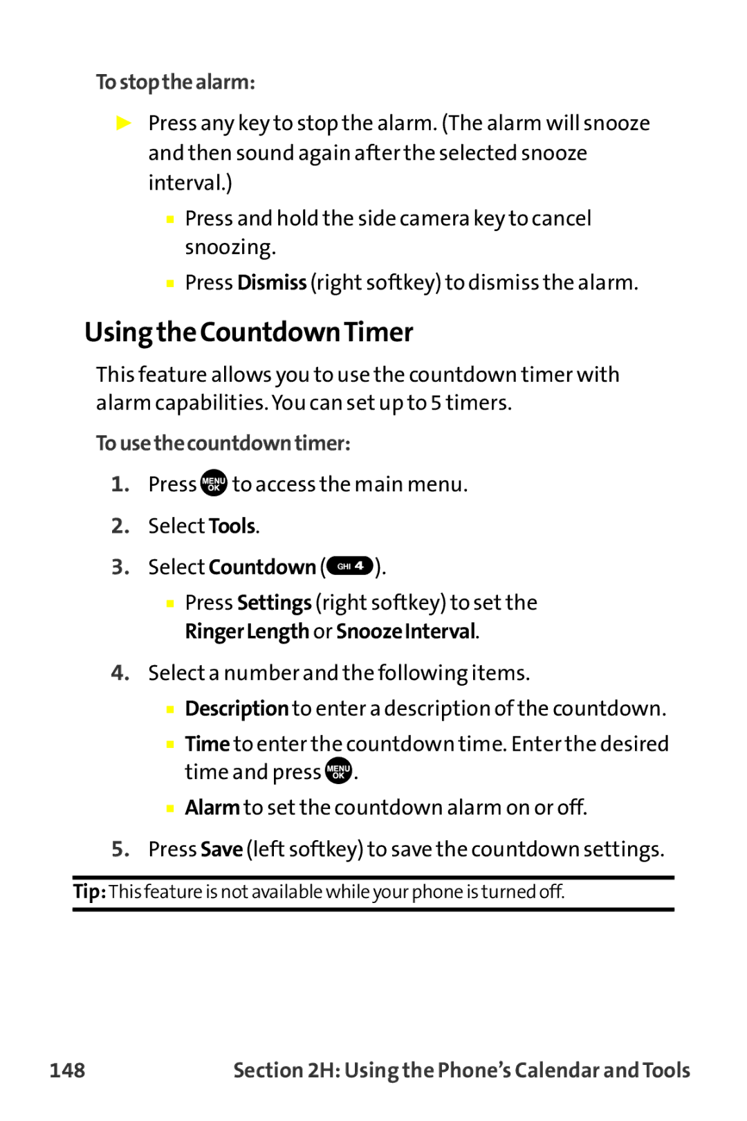 Sanyo MM-9000 manual Using the CountdownTimer, Tostopthealarm, Tousethecountdowntimer, 148 