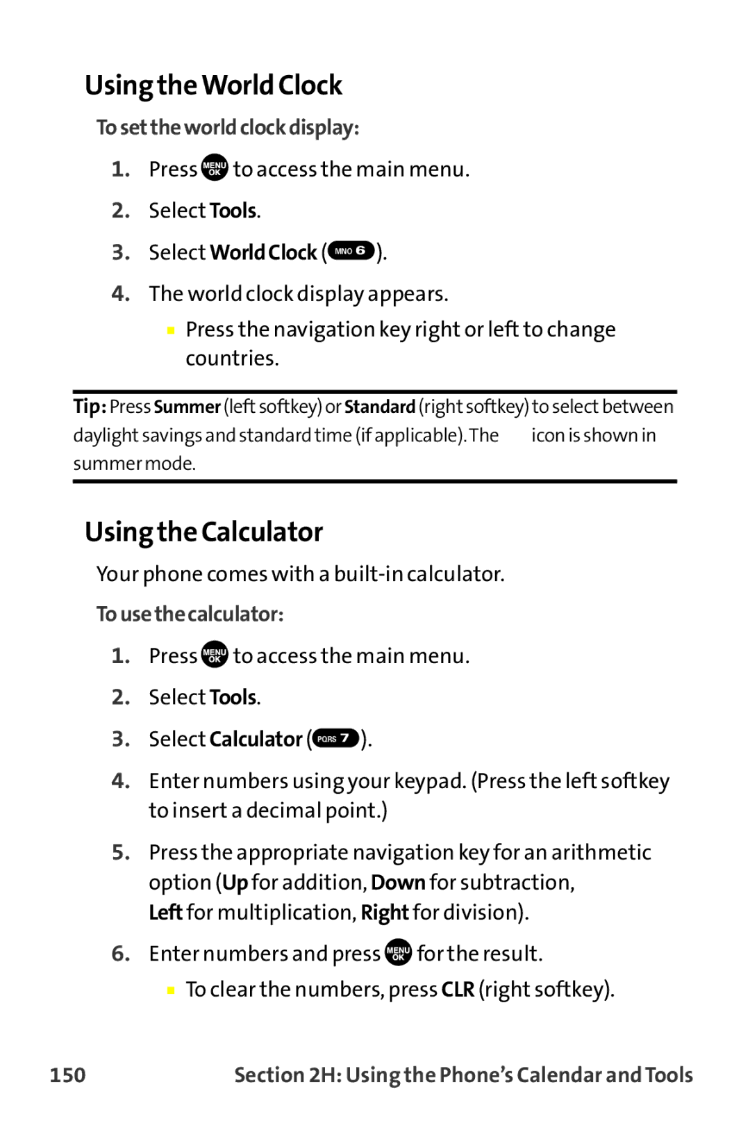 Sanyo MM-9000 manual Using the World Clock, Using the Calculator, Tosettheworldclockdisplay, Tousethecalculator, 150 