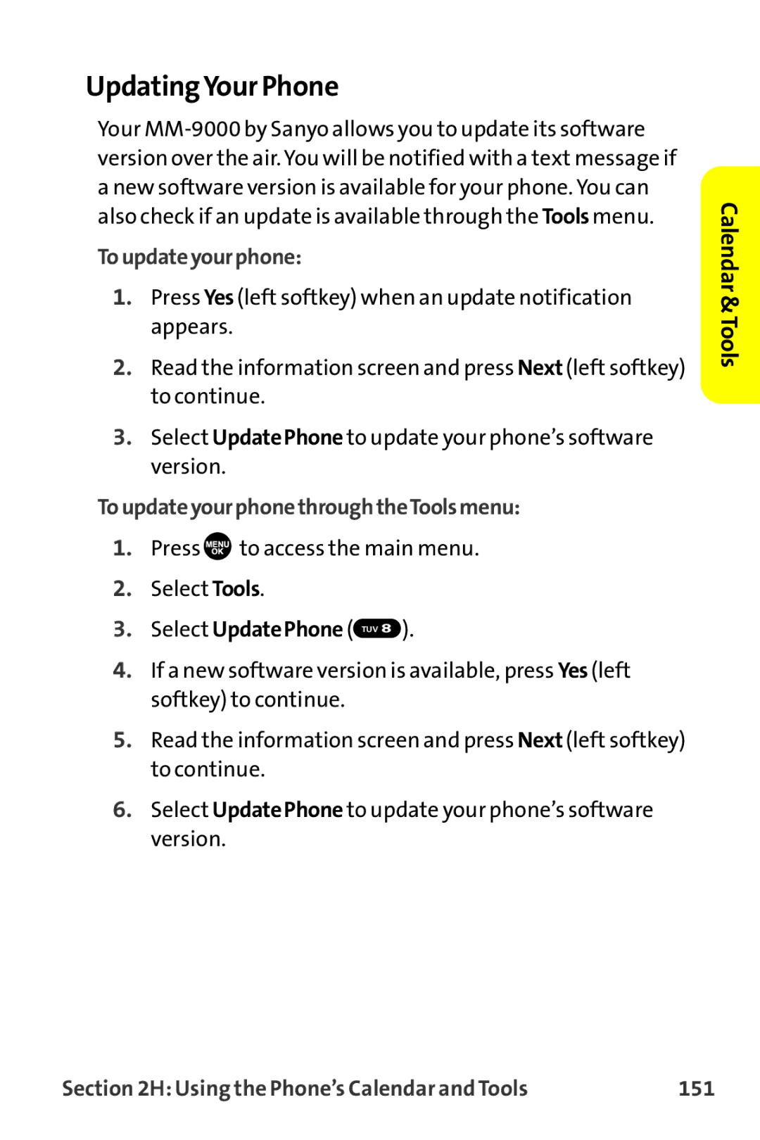 Sanyo MM-9000 manual UpdatingYour Phone, ToupdateyourphonethroughtheToolsmenu, Using the Phone’s Calendar and Tools 151 