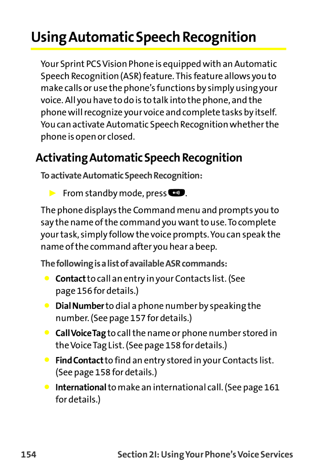 Sanyo MM-9000 manual Using Automatic Speech Recognition, ActivatingAutomatic Speech Recognition, 154 