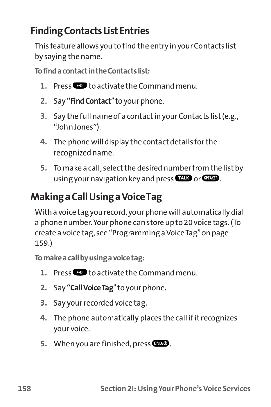 Sanyo MM-9000 manual Finding Contacts ListEntries, Making a CallUsing a VoiceTag, TofindacontactintheContactslist, 158 