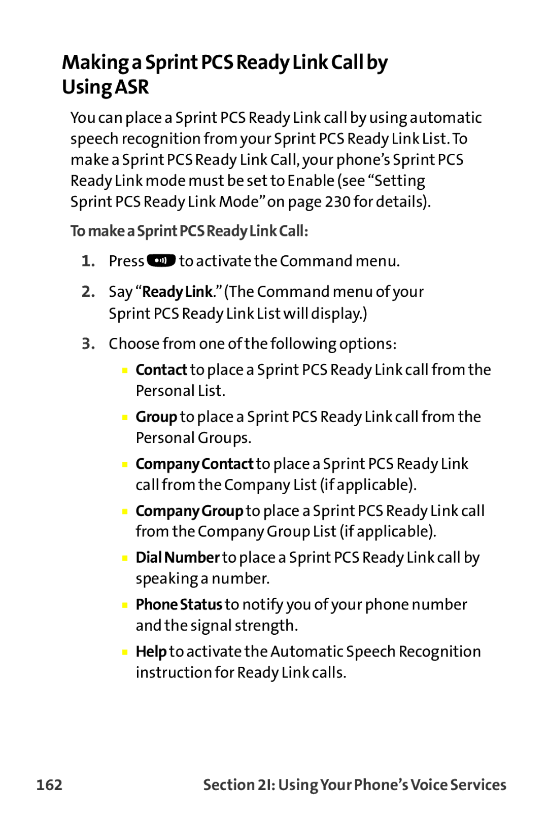 Sanyo MM-9000 manual Making a SprintPCS Ready Link Callby Using ASR, TomakeaSprintPCSReadyLinkCall, 162 