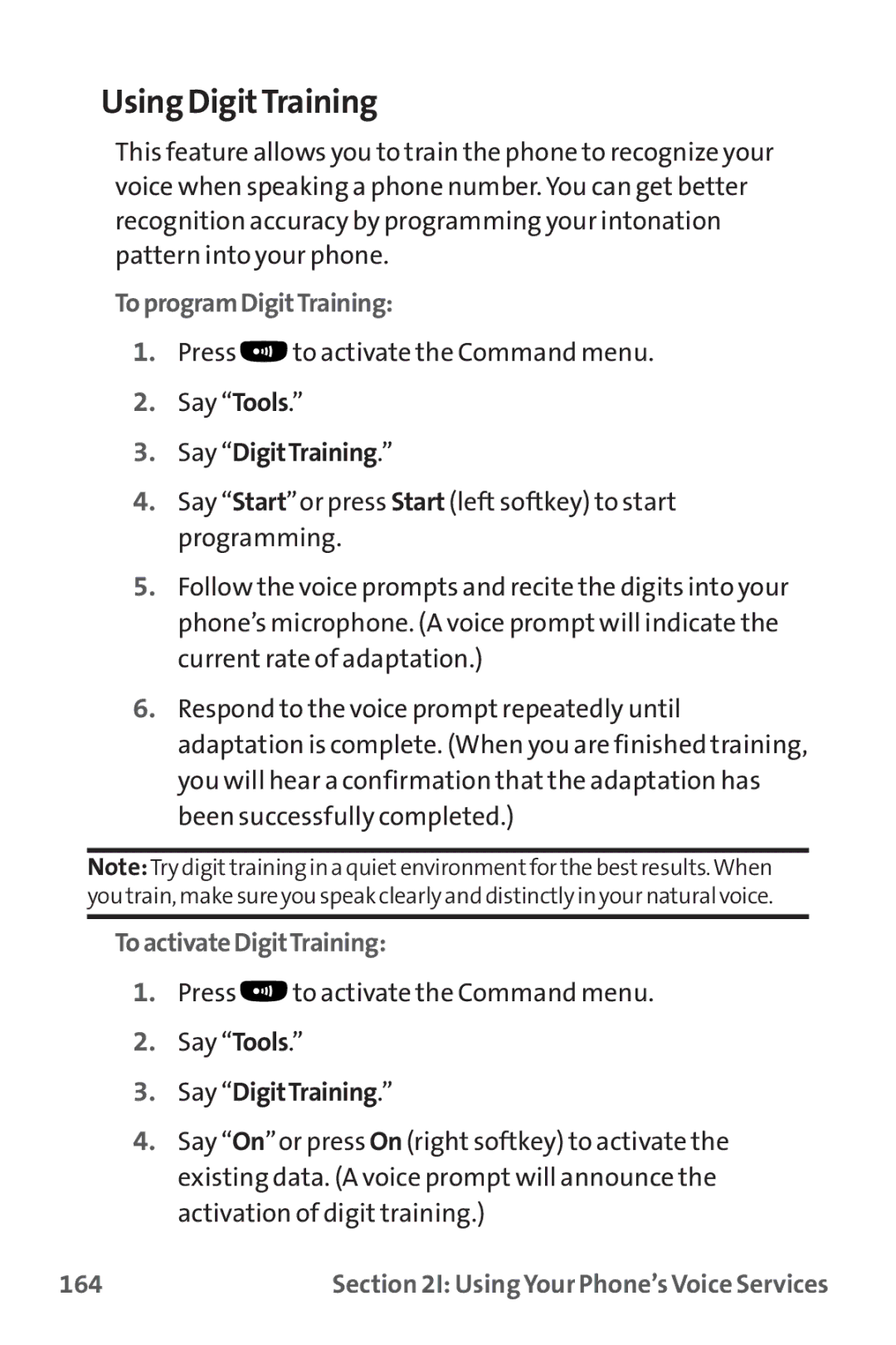 Sanyo MM-9000 manual Using DigitTraining, ToprogramDigitTraining, Say DigitTraining, ToactivateDigitTraining, 164 