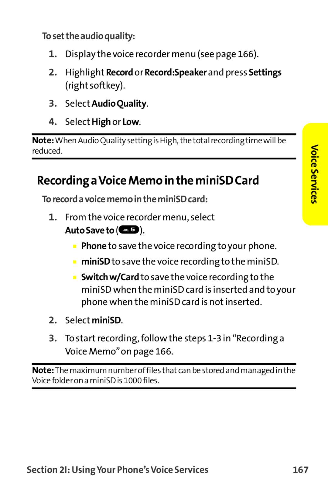 Sanyo MM-9000 manual Recording aVoice Memo in the miniSD Card, Tosettheaudioquality, Select AudioQuality 