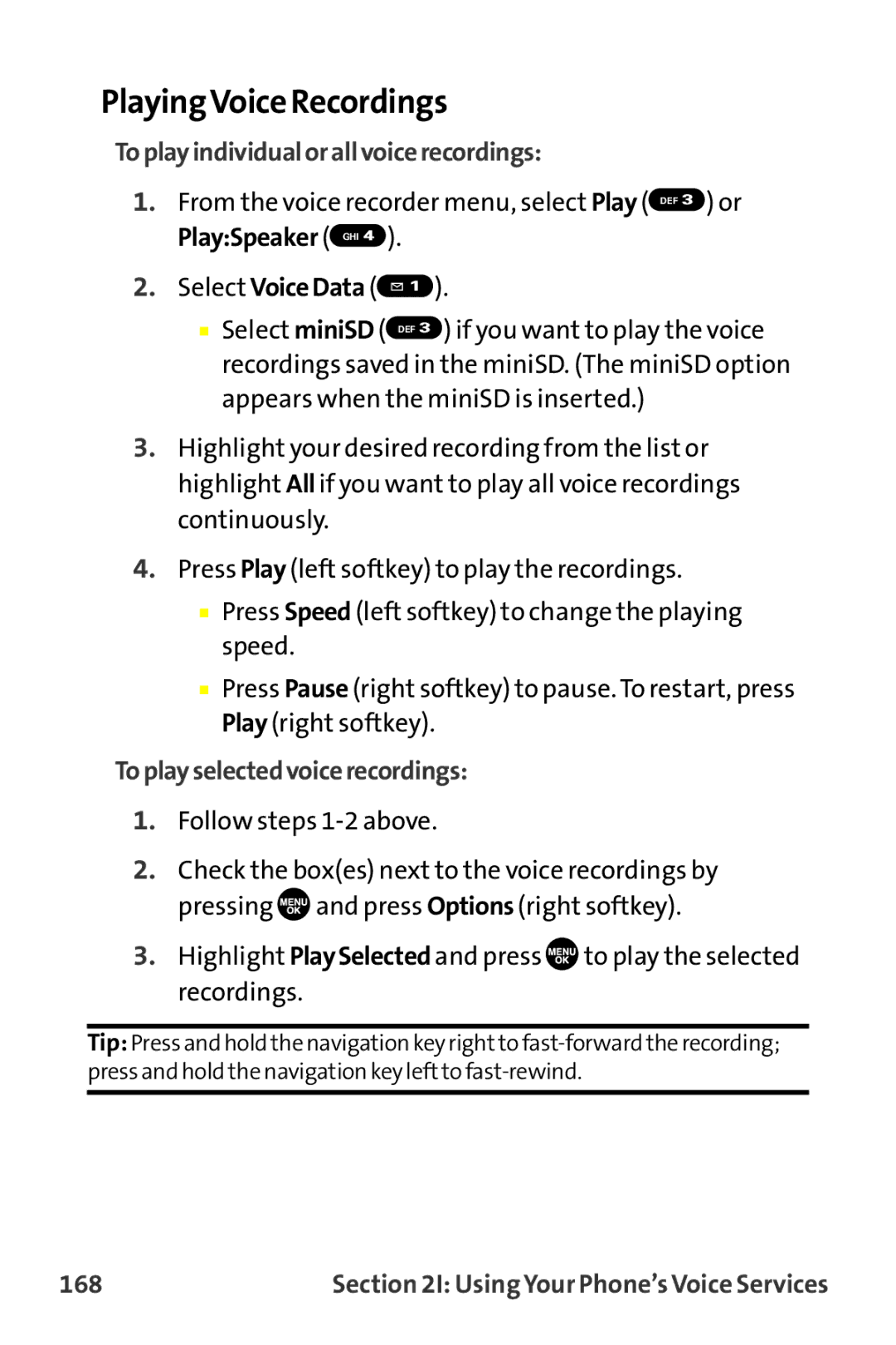 Sanyo MM-9000 manual PlayingVoice Recordings, Toplayindividualorallvoicerecordings, Toplayselectedvoicerecordings, 168 