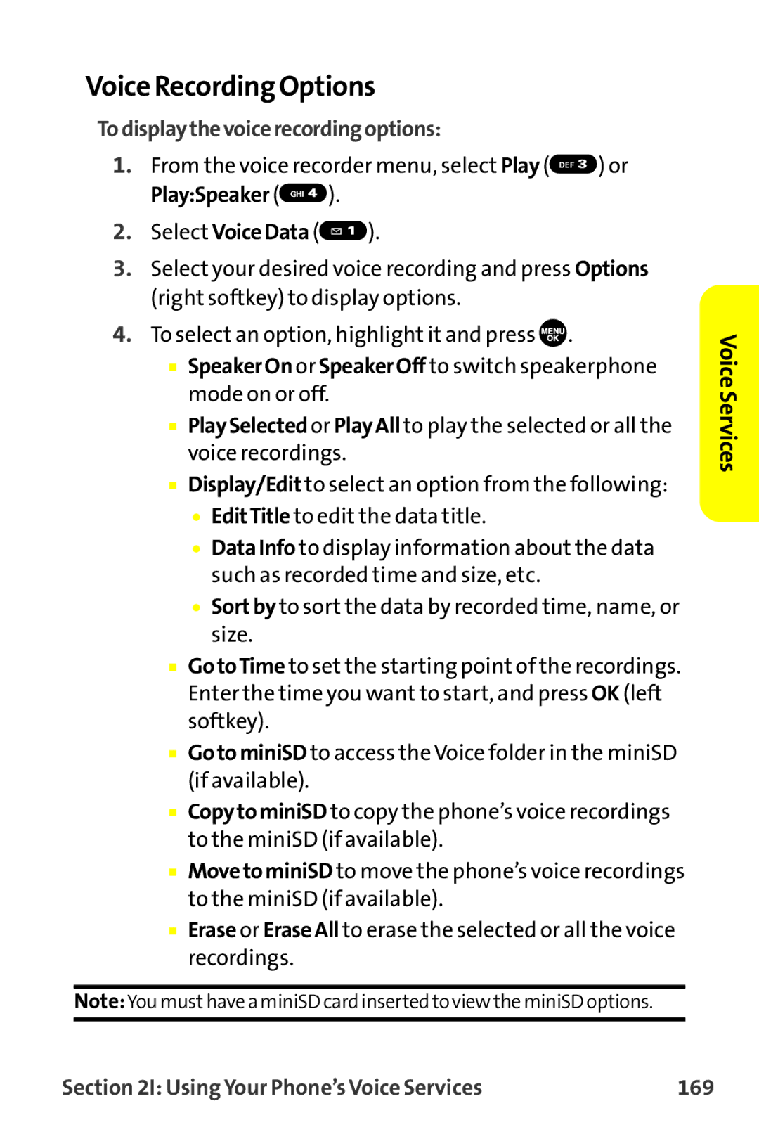 Sanyo MM-9000 manual Voice Recording Options, Todisplaythevoicerecordingoptions, Using Your Phone’s Voice Services 169 