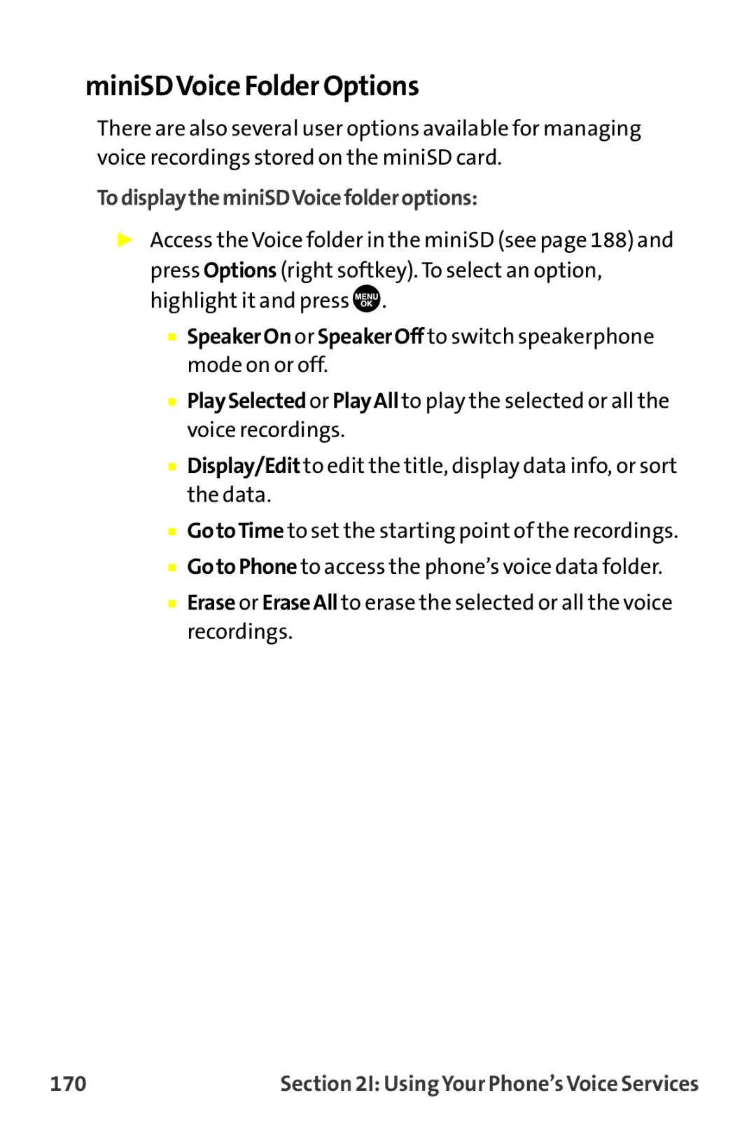 Sanyo MM-9000 manual MiniSDVoice Folder Options, TodisplaytheminiSDVoicefolderoptions, 170 