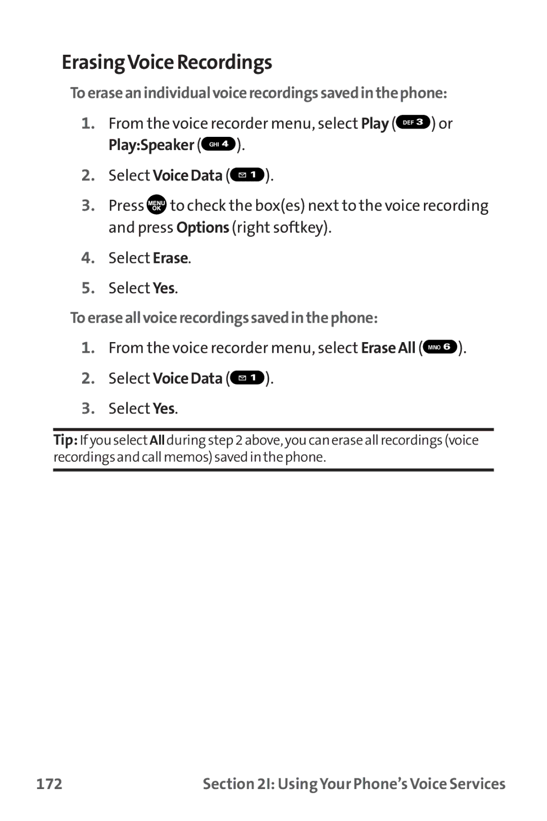 Sanyo MM-9000 manual ErasingVoice Recordings, Toeraseanindividualvoicerecordingssavedinthephone, 172 