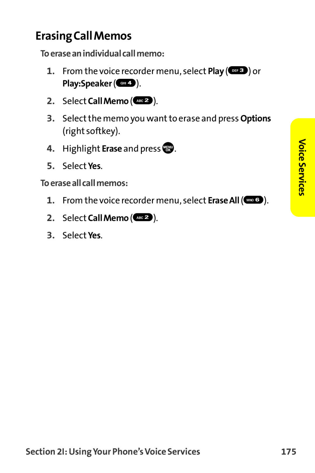 Sanyo MM-9000 Erasing Call Memos, Toeraseanindividualcallmemo, Toeraseallcallmemos, Using Your Phone’s Voice Services 175 