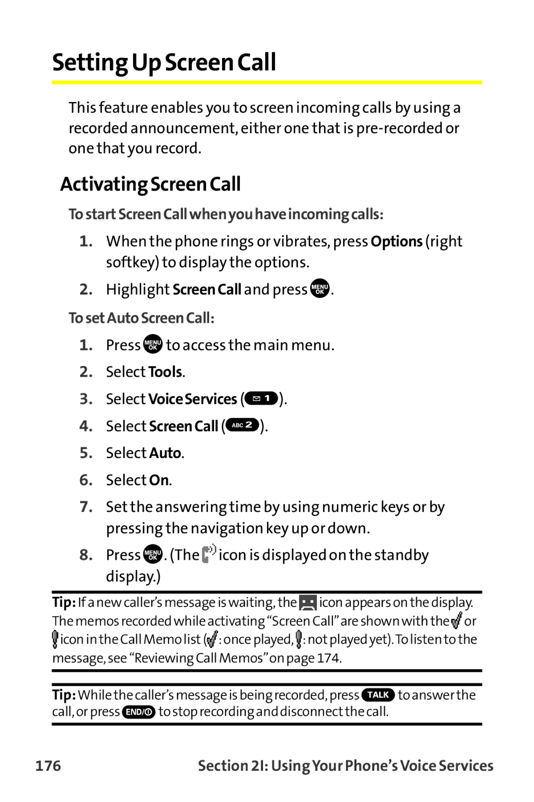 Sanyo MM-9000 manual Setting Up Screen Call, Activating Screen Call, TostartScreenCallwhenyouhaveincomingcalls, 176 