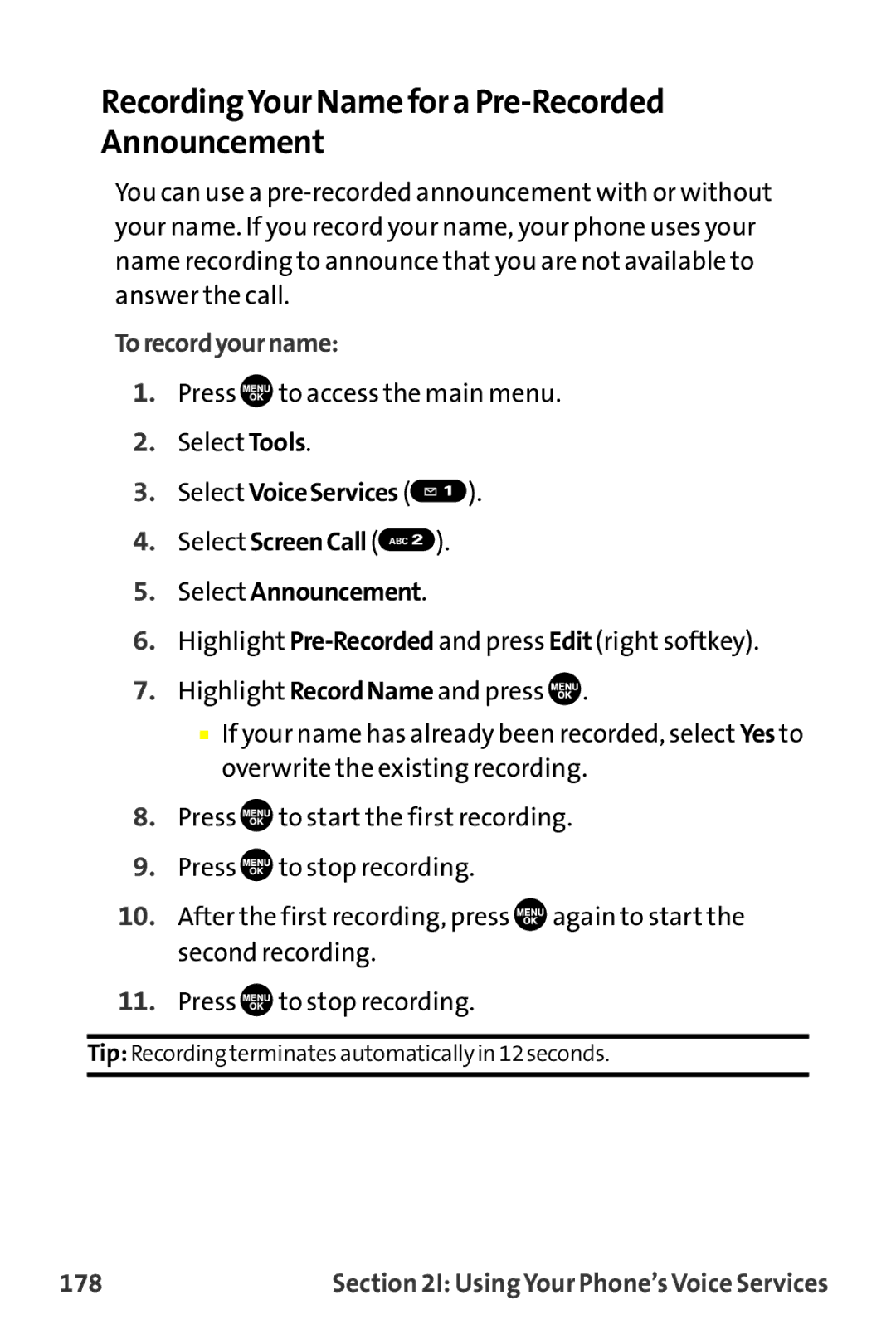 Sanyo MM-9000 manual RecordingYour Name for a Pre-Recorded Announcement, Torecordyourname, 178 