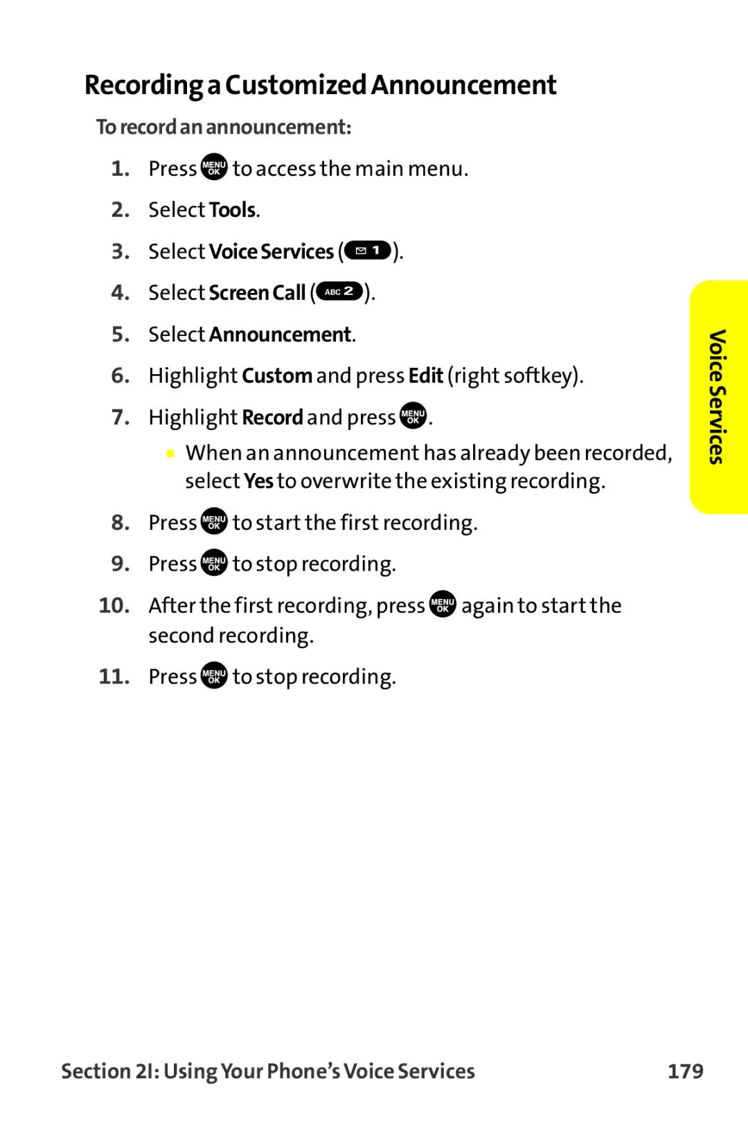 Sanyo MM-9000 manual Recording a Customized Announcement, Torecordanannouncement, Using Your Phone’s Voice Services 179 