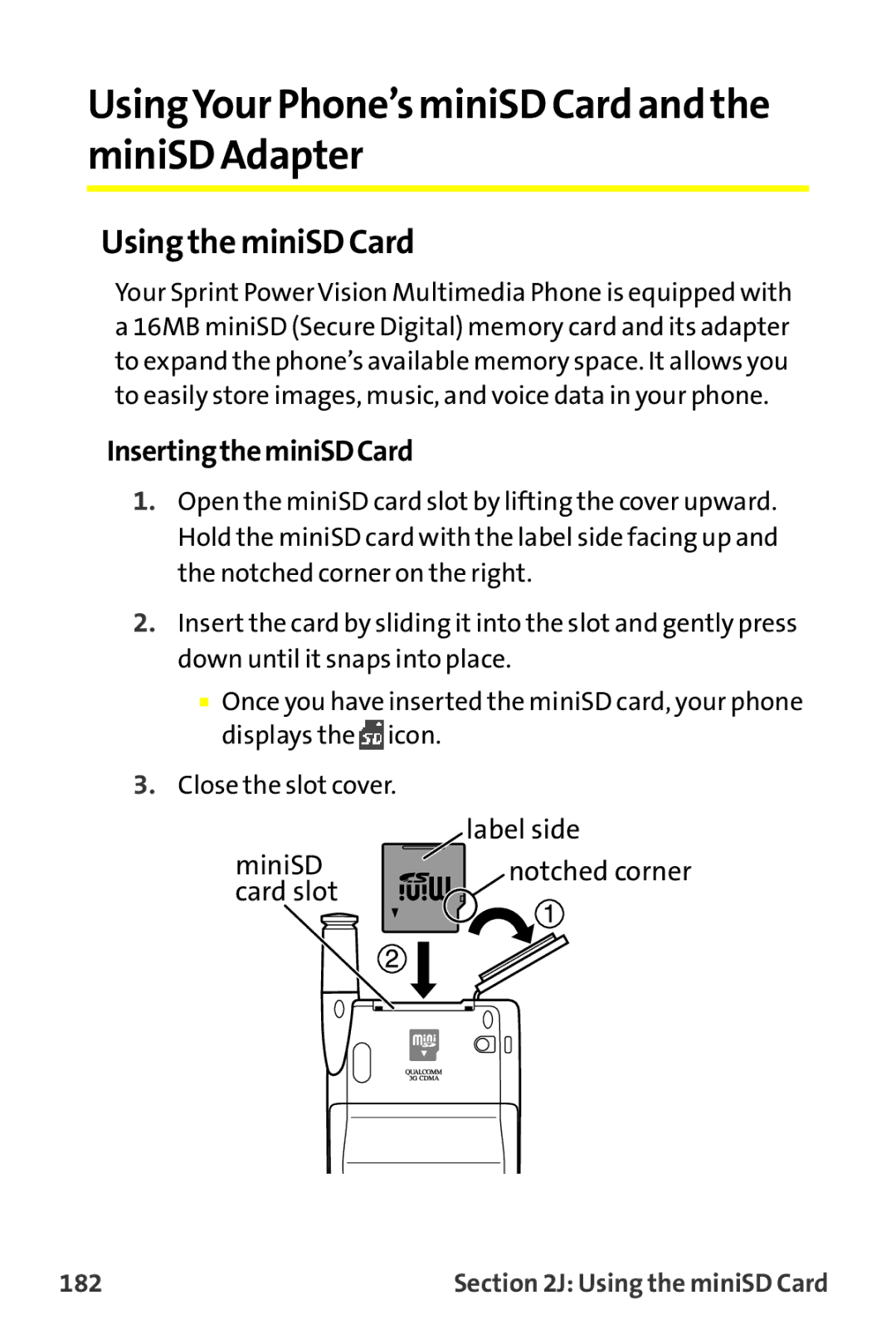 Sanyo MM-9000 UsingYour Phone’s miniSD Card and the miniSD Adapter, Using the miniSD Card, InsertingtheminiSDCard, 182 