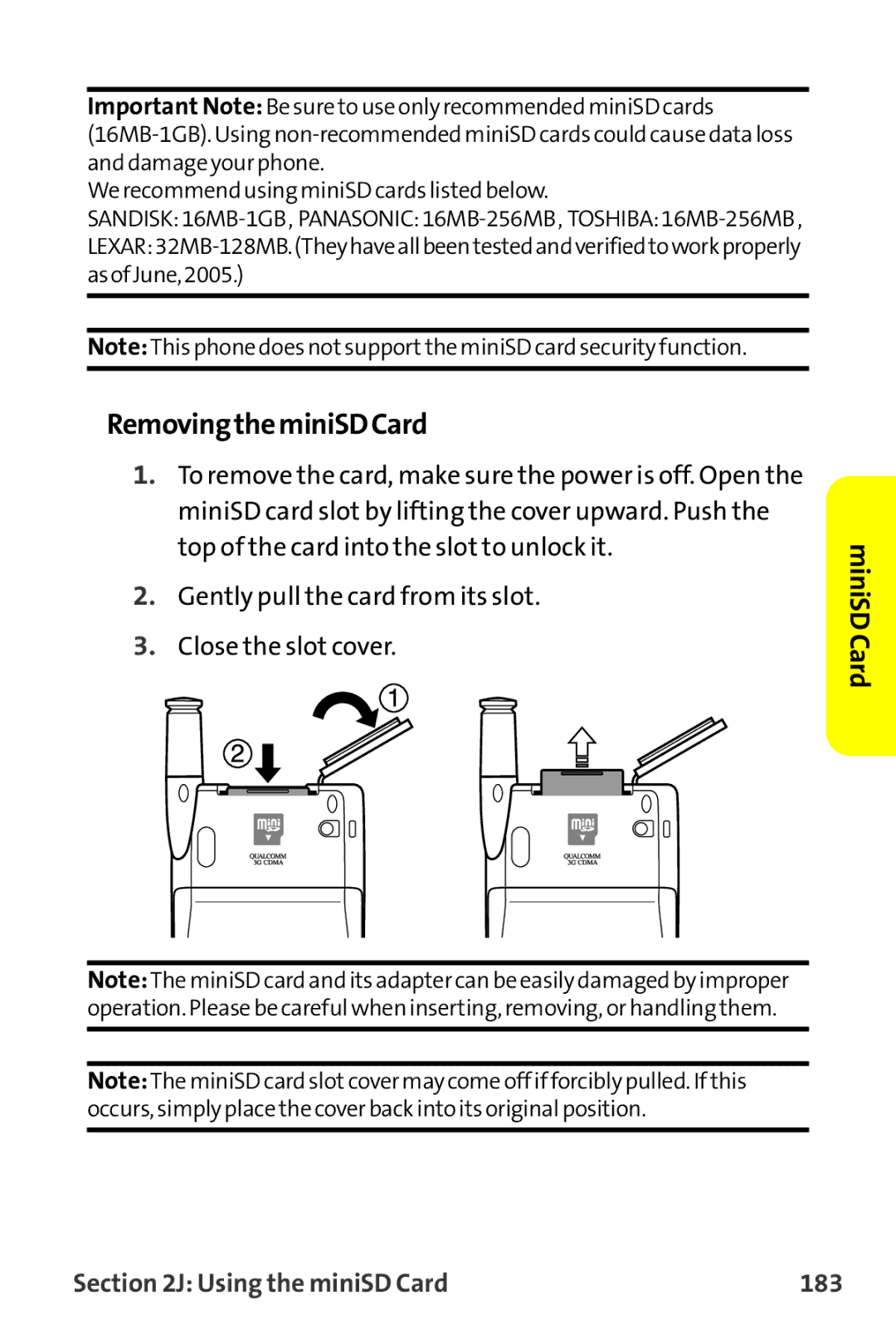 Sanyo MM-9000 manual RemovingtheminiSDCard, Using the miniSD Card 183 