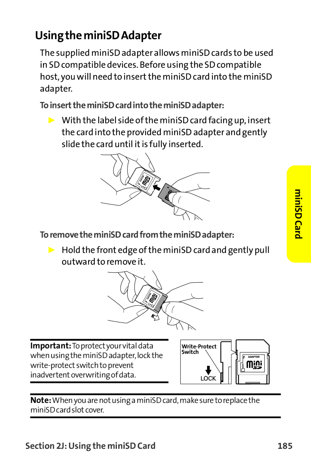 Sanyo MM-9000 manual Using the miniSD Adapter, ToinserttheminiSDcardintotheminiSDadapter, Using the miniSD Card 185 