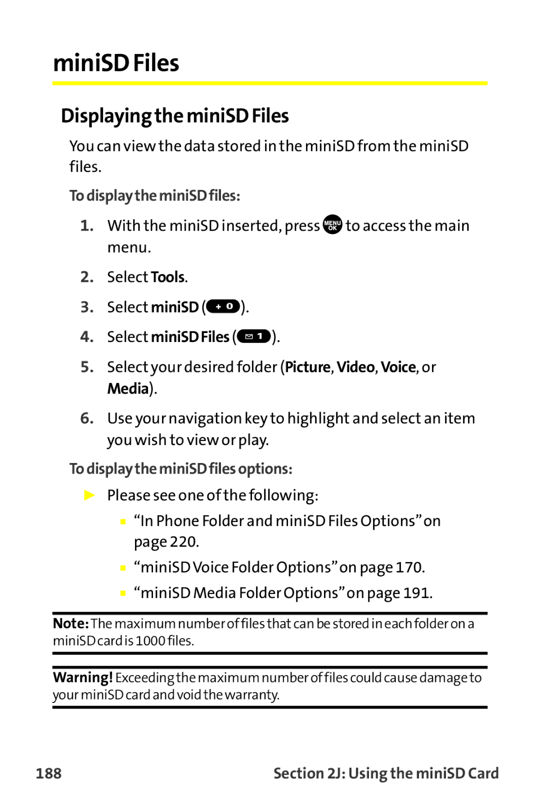 Sanyo MM-9000 manual MiniSD Files, Displaying the miniSD Files, TodisplaytheminiSDfilesoptions, 188 