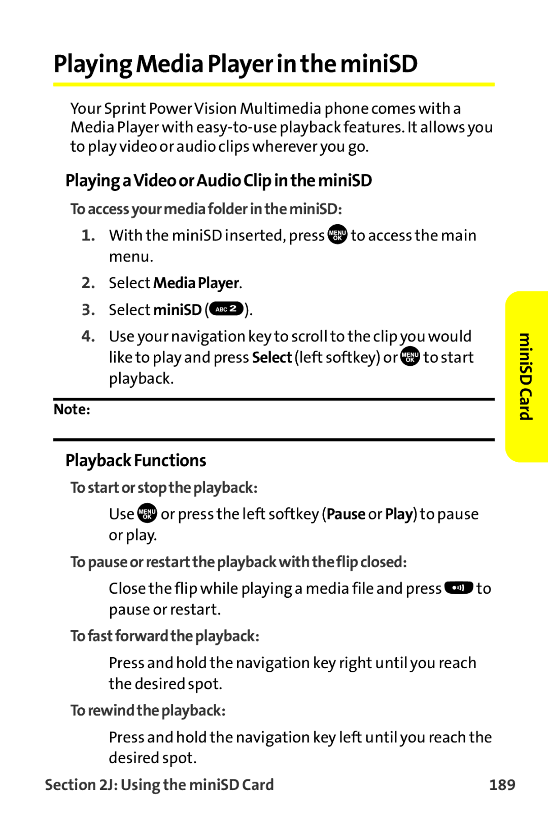 Sanyo MM-9000 manual Playing Media Playerin the miniSD, PlayingaVideoorAudioClipintheminiSD, PlaybackFunctions 