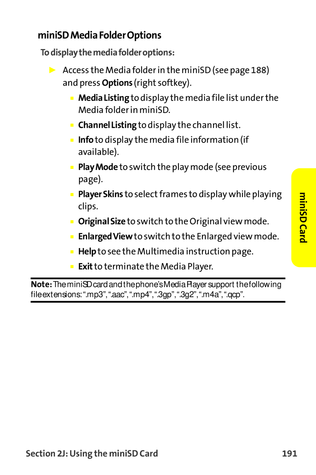 Sanyo MM-9000 manual MiniSDMediaFolderOptions, Todisplaythemediafolderoptions, Using the miniSD Card 191 