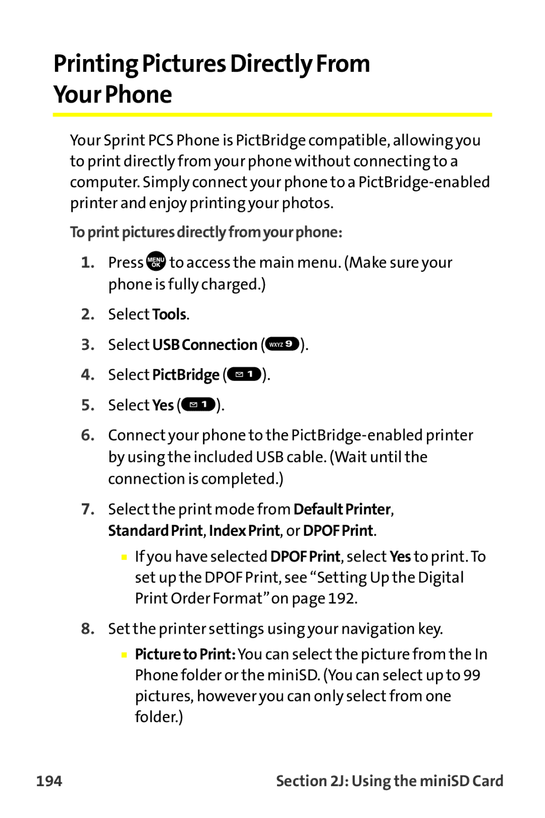 Sanyo MM-9000 manual Printing PicturesDirectly From Your Phone, Toprintpicturesdirectlyfromyourphone, 194 