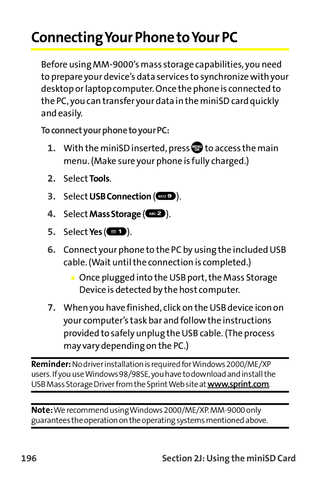 Sanyo MM-9000 manual ConnectingYour Phone toYour PC, ToconnectyourphonetoyourPC, Select USBConnection Wxyz, 196 