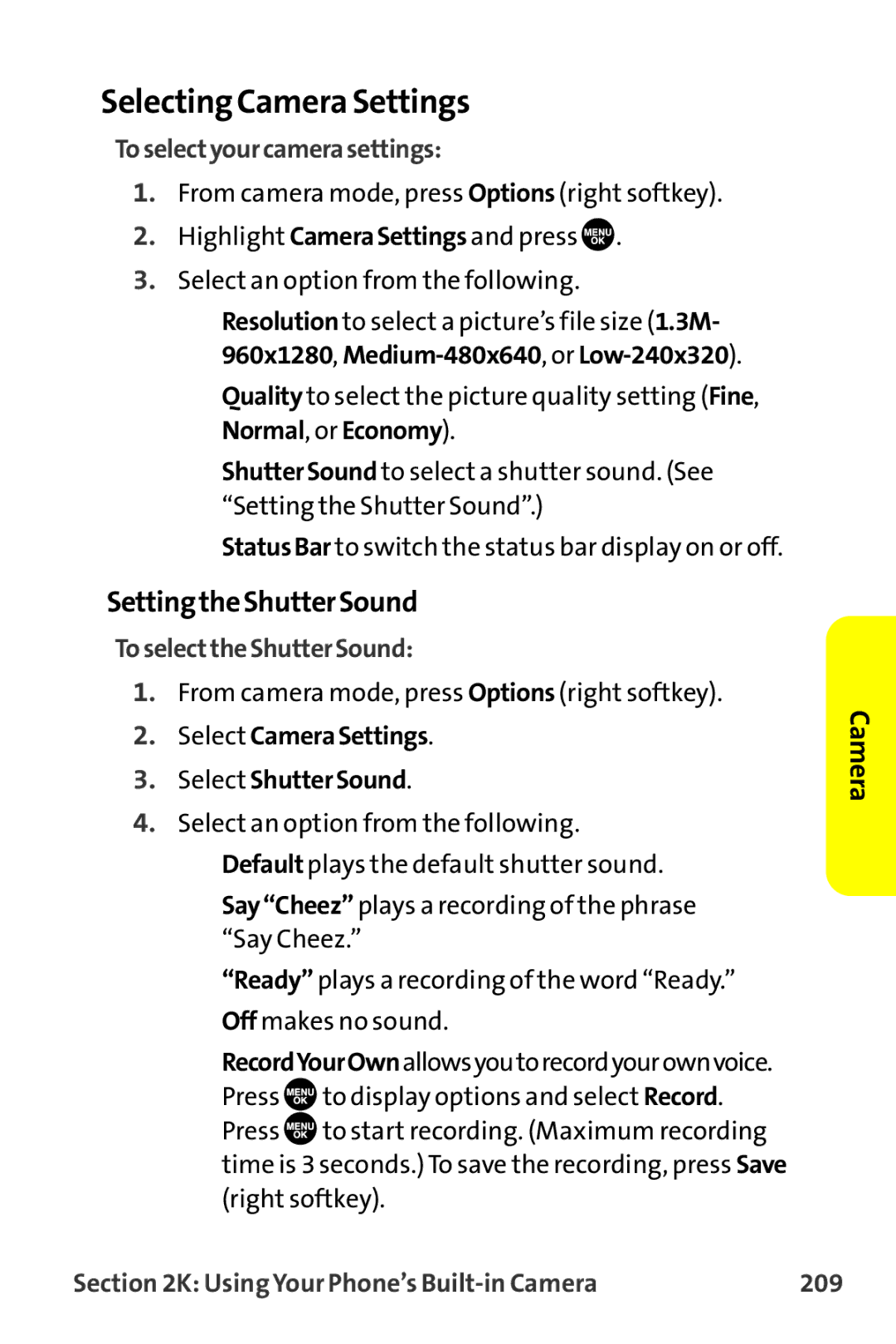 Sanyo MM-9000 manual Selecting CameraSettings, SettingtheShutterSound, Toselectyourcamerasettings, ToselecttheShutterSound 