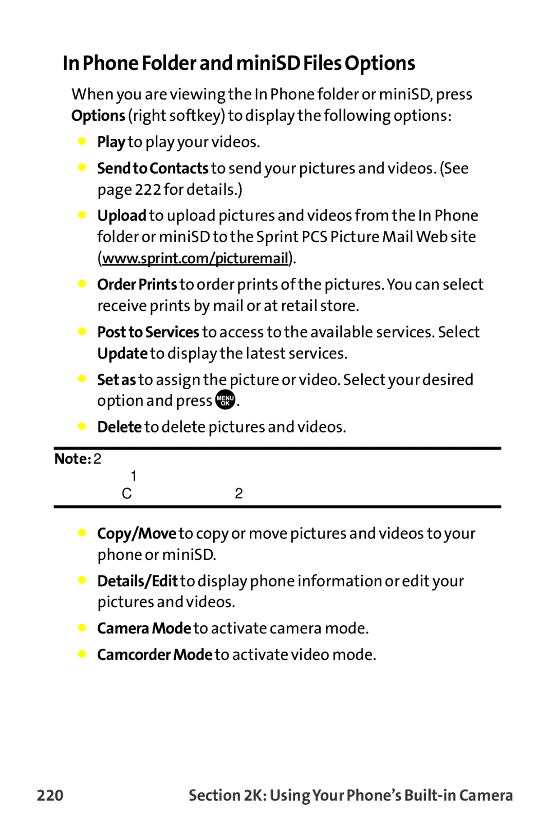 Sanyo MM-9000 manual Phone Folder and miniSD Files Options, 220 