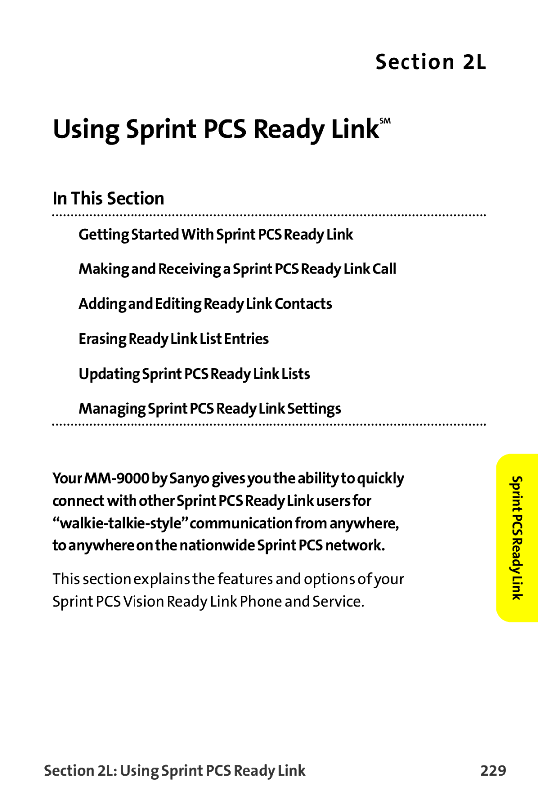 Sanyo MM-9000 manual Using Sprint PCS Ready LinkSM, Using Sprint PCS Ready Link 229 