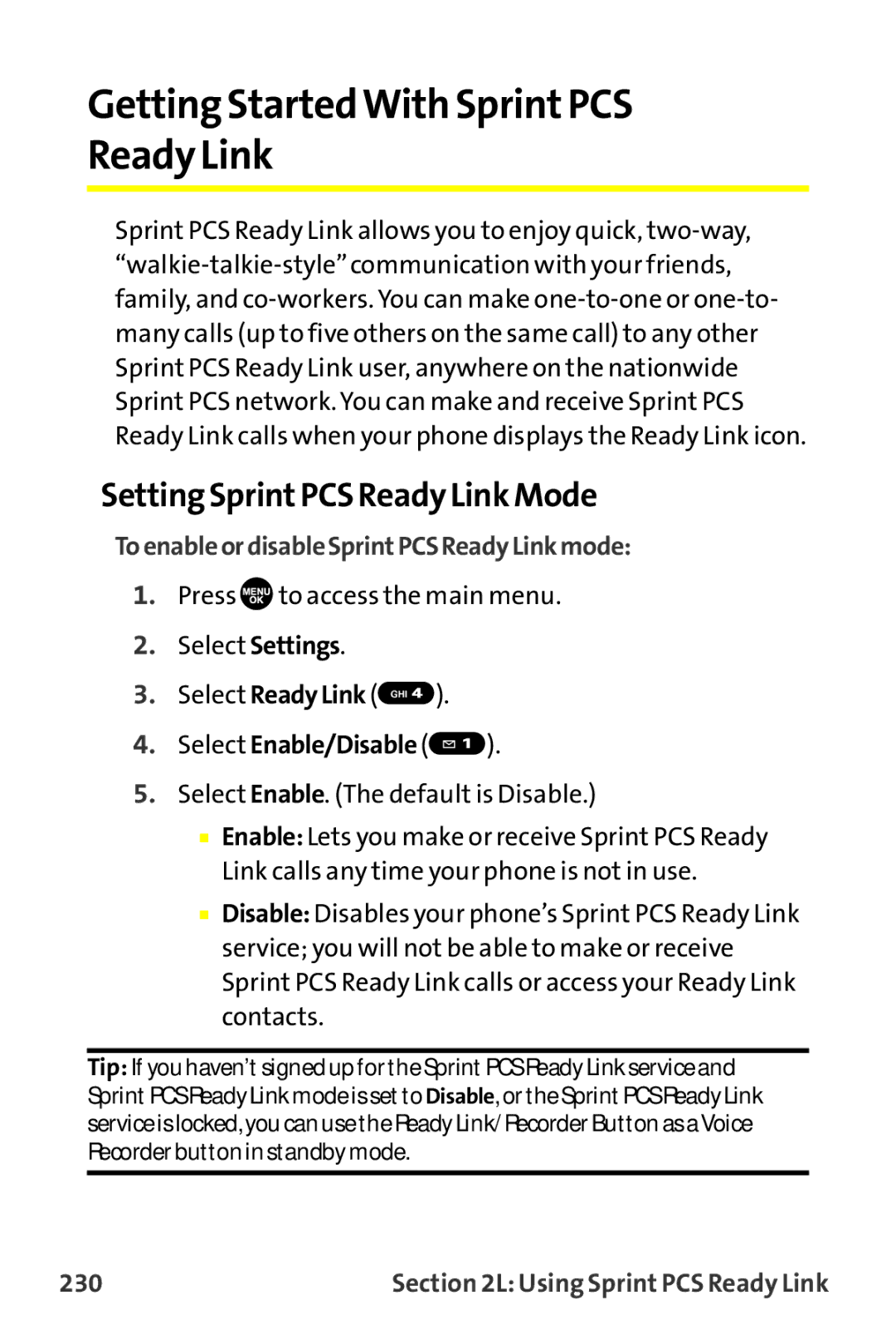 Sanyo MM-9000 Getting StartedWith SprintPCS Ready Link, Setting SprintPCS Ready Link Mode, Select Enable/Disable, 230 