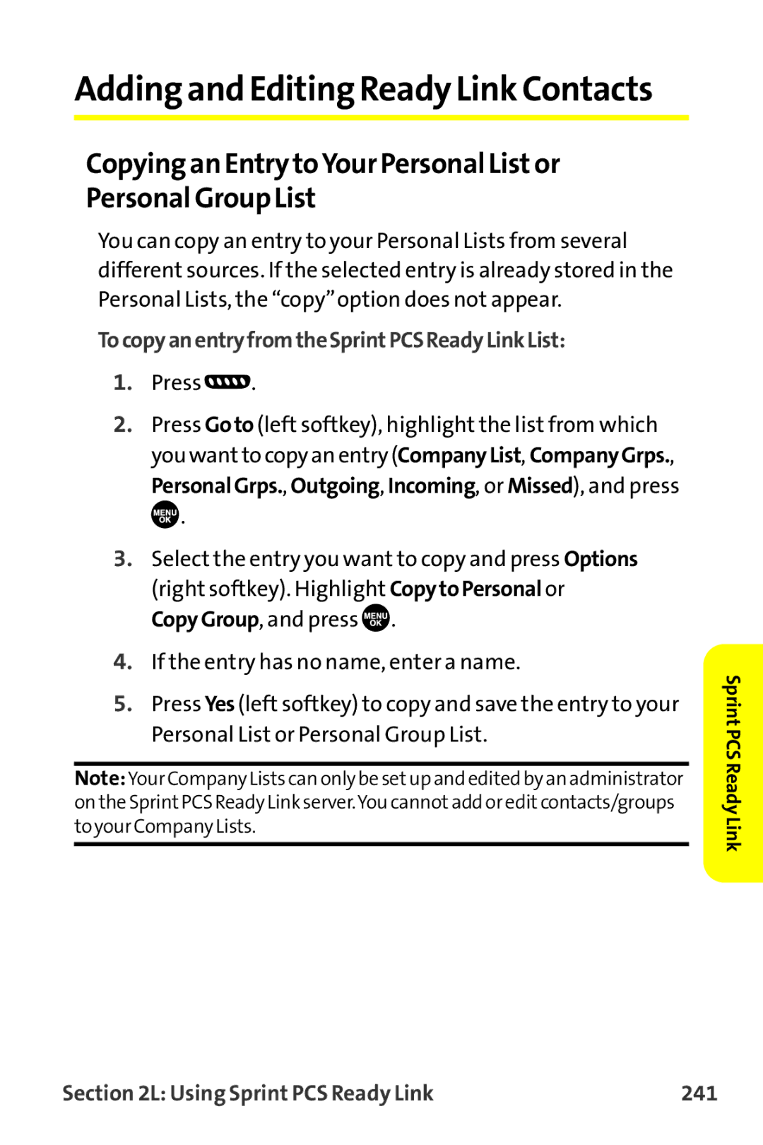 Sanyo MM-9000 Copying an Entry toYour Personal Listor Personal Group List, TocopyanentryfromtheSprintPCSReadyLinkList 