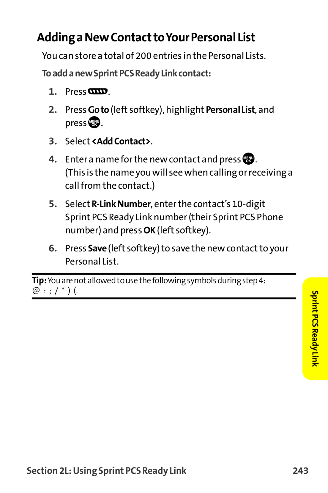 Sanyo MM-9000 manual Adding a New ContacttoYour Personal List, ToaddanewSprintPCSReadyLinkcontact 