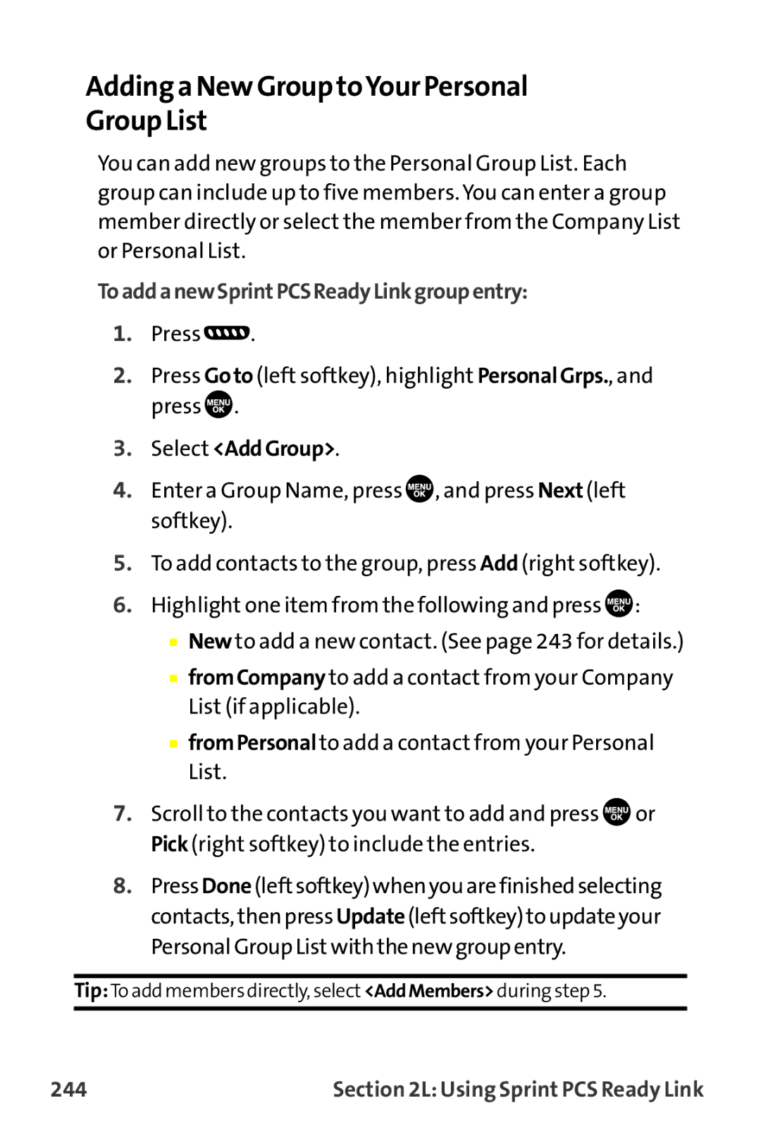 Sanyo MM-9000 Adding a New GrouptoYour Personal Group List, ToaddanewSprintPCSReadyLinkgroupentry, Select AddGroup, 244 