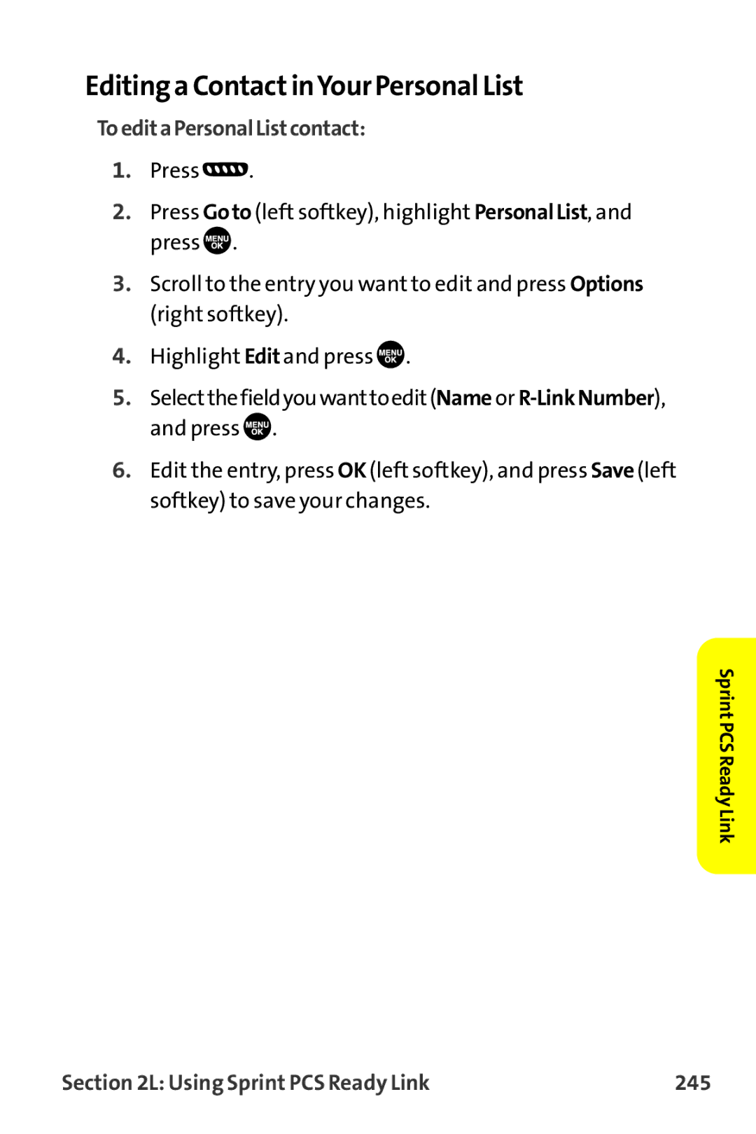 Sanyo MM-9000 manual Editing a ContactinYour Personal List, ToeditaPersonalListcontact, Using Sprint PCS Ready Link 245 