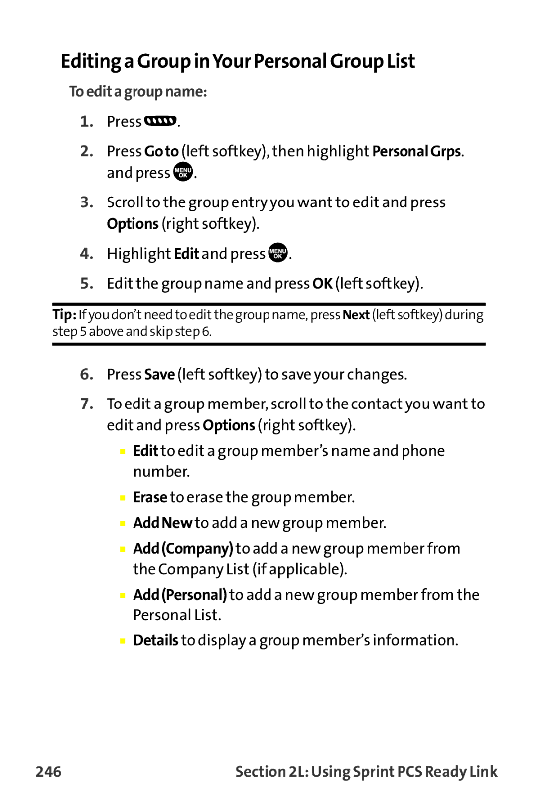 Sanyo MM-9000 manual Editing a Group inYour Personal Group List, Toeditagroupname, 246 