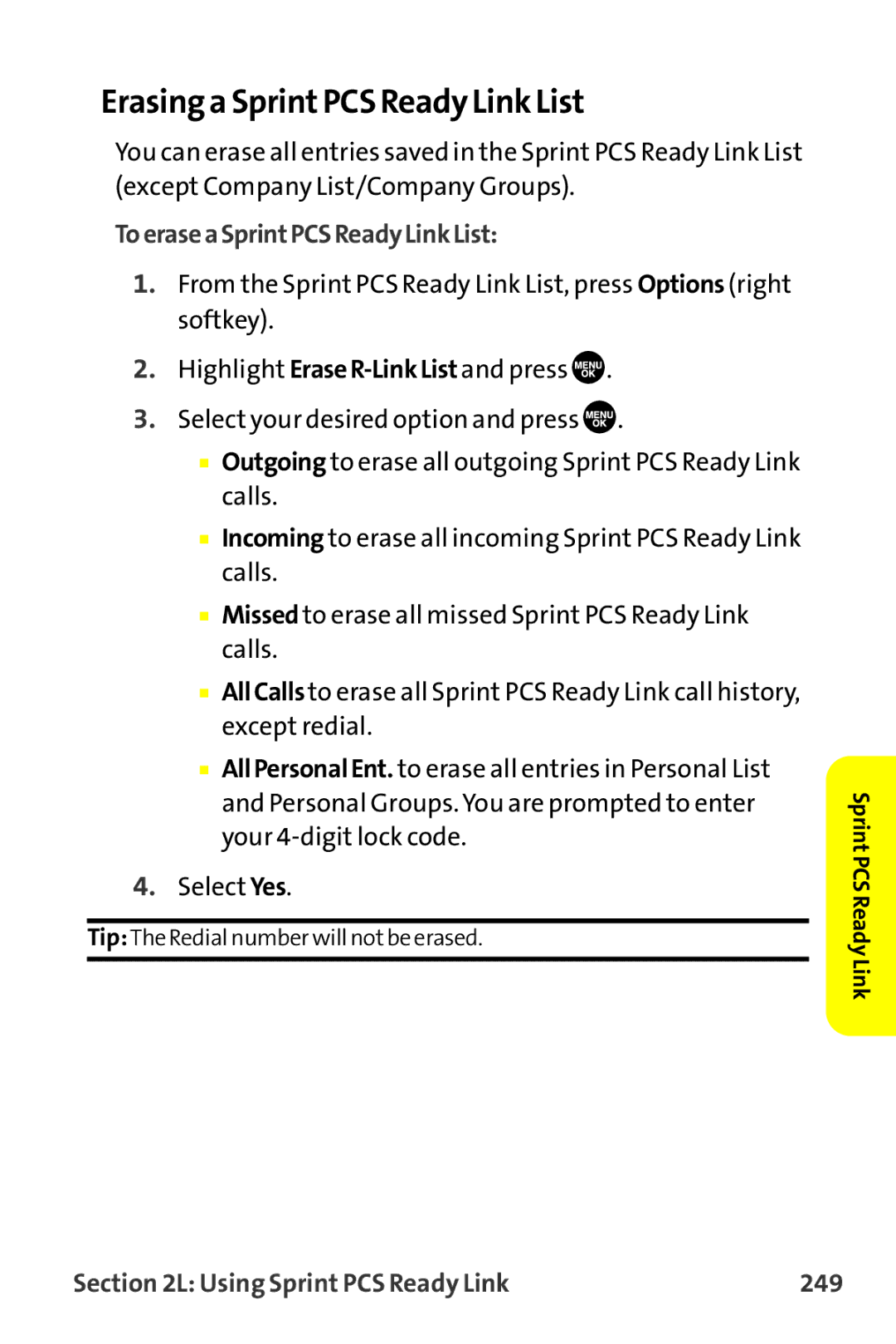 Sanyo MM-9000 manual Erasinga SprintPCS Ready Link List, ToeraseaSprintPCSReadyLinkList, Using Sprint PCS Ready Link 249 